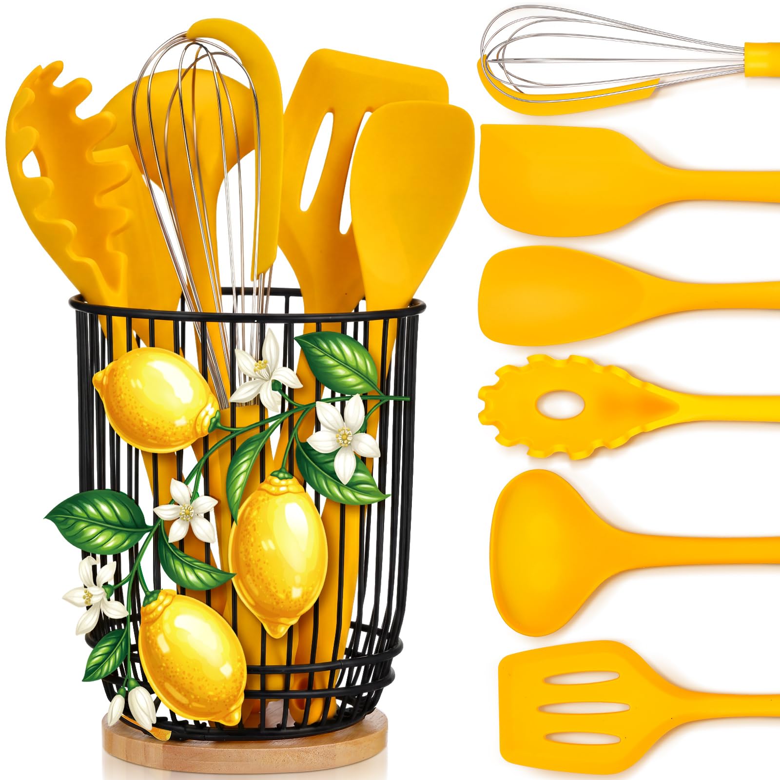 7 Pcs Yellow Silicone Cooking Utensils Set with Lemon Crock Organizer Heat Resistant Tools Country Style Kitchen Decor Set Slotted Turner Pasta Spoon Soup Ladle Whisk Spatula Salad Server