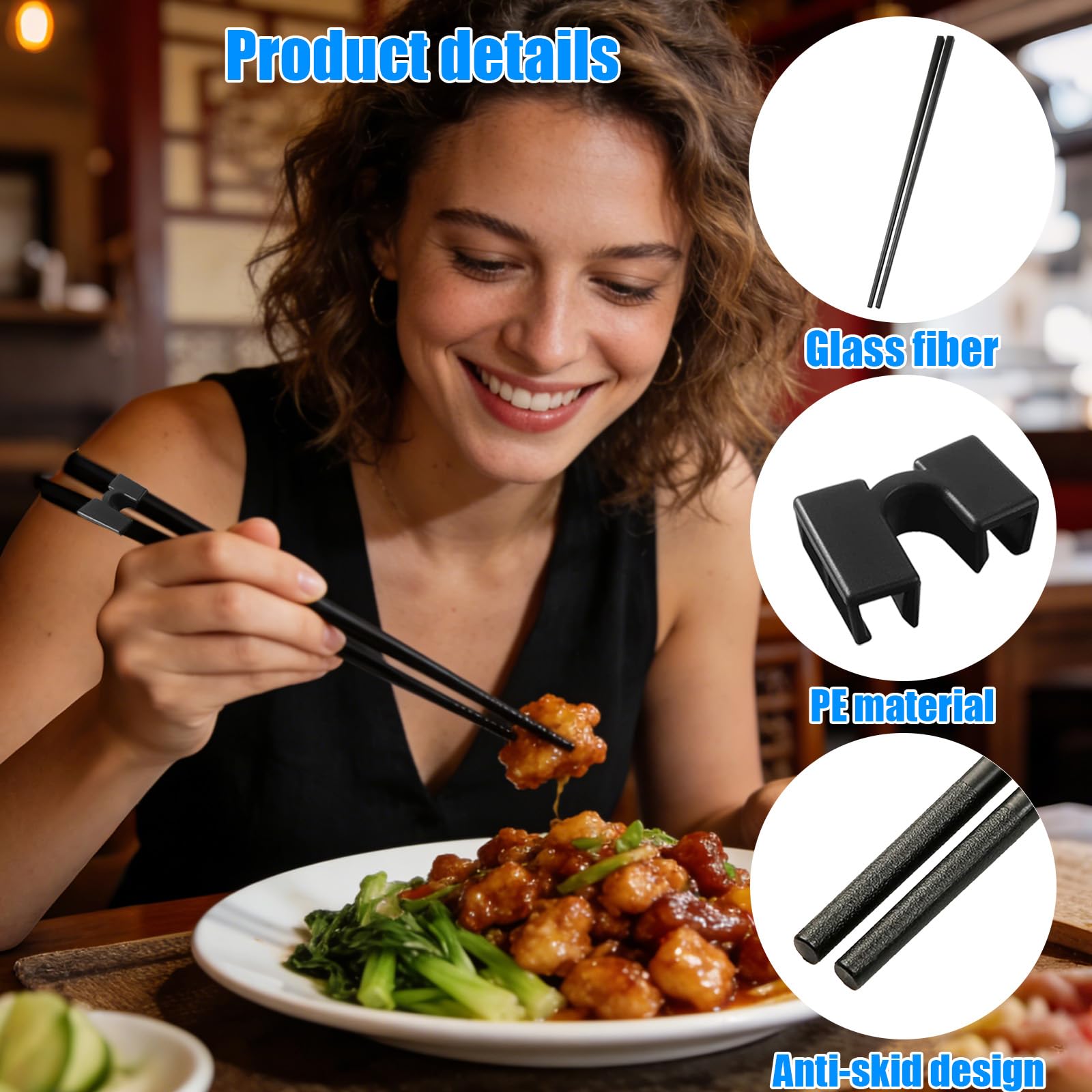 Juego de 8 pares de palillos de fibra de vidrio reutilizables (24 cm) + 8 entrenadores de palillos, palillos antideslizantes de sushi japonés, palillos de aleación negra con bisagra de plástico p