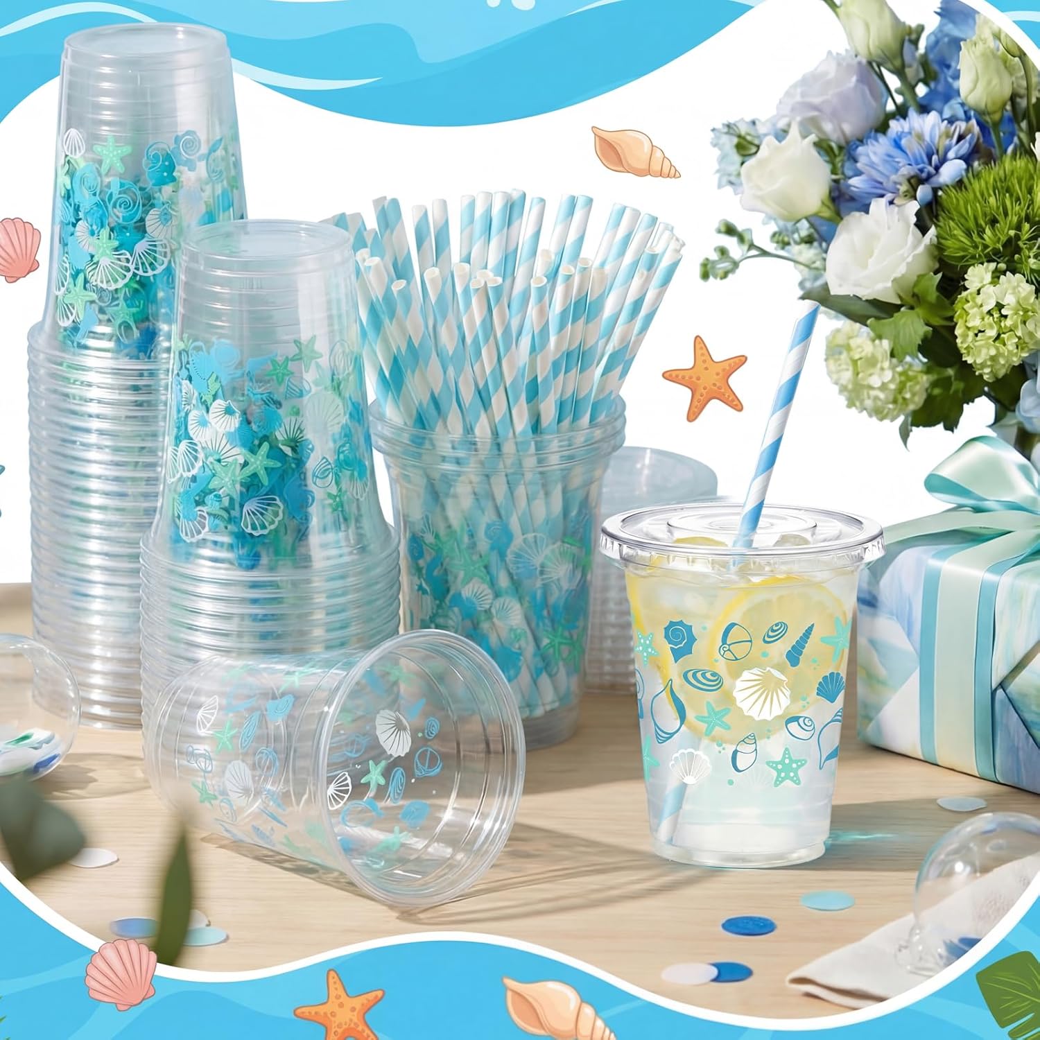 Sliner 50 Sets 16oz Seashell Beach Party Plastic Cups with Lids and Straws Starfish Disposable Clear Drinking Cups for Sea Summer Ocean Pool Birthday Baby Shower Party Decoration Supplies