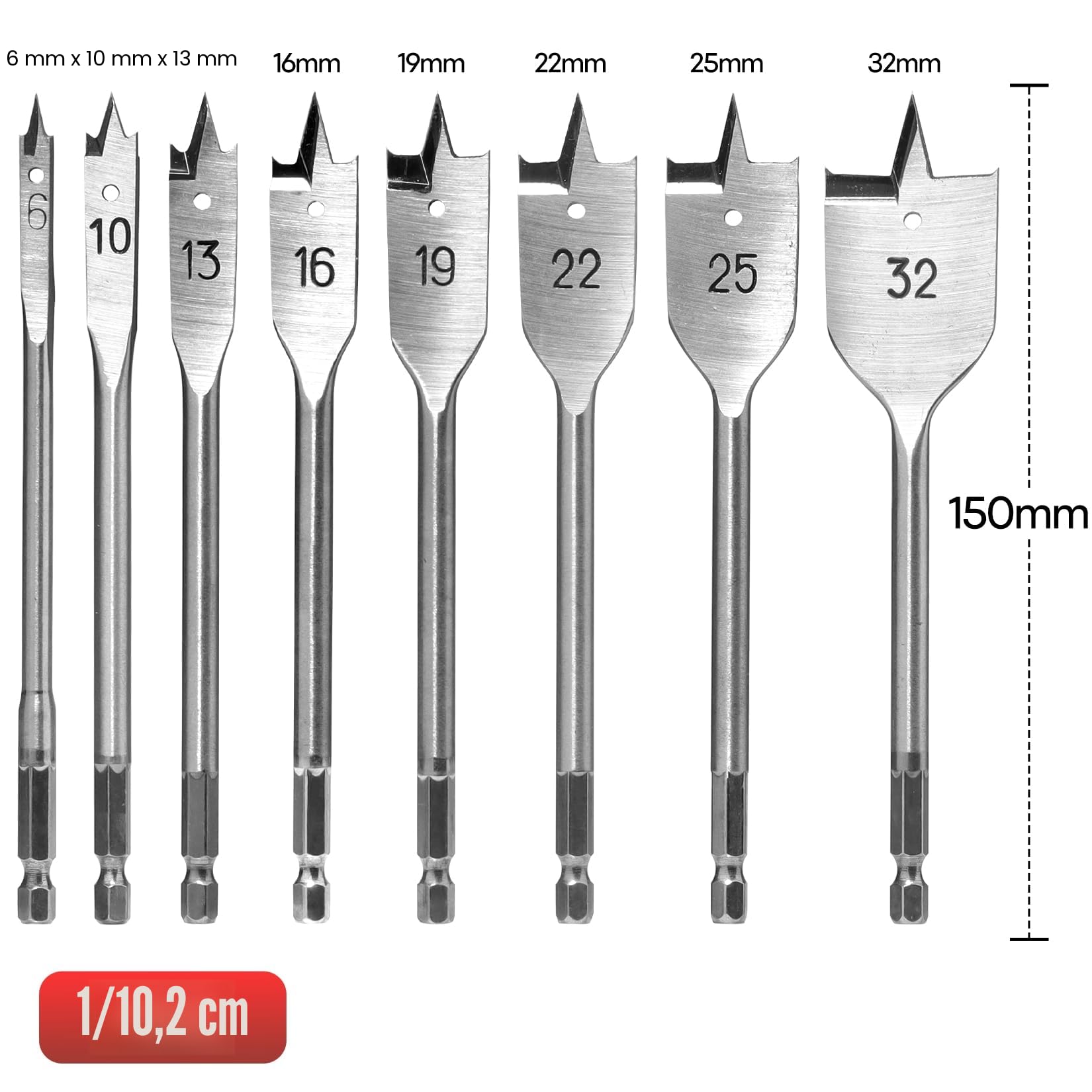 SHALL 8 piezas Juego de Brocas de Pala, vástago hexagonal de cambio rápido de 1/4 de pulgada, Ø 6-32 mm, broca plana para madera, con bolsa de almacenamiento