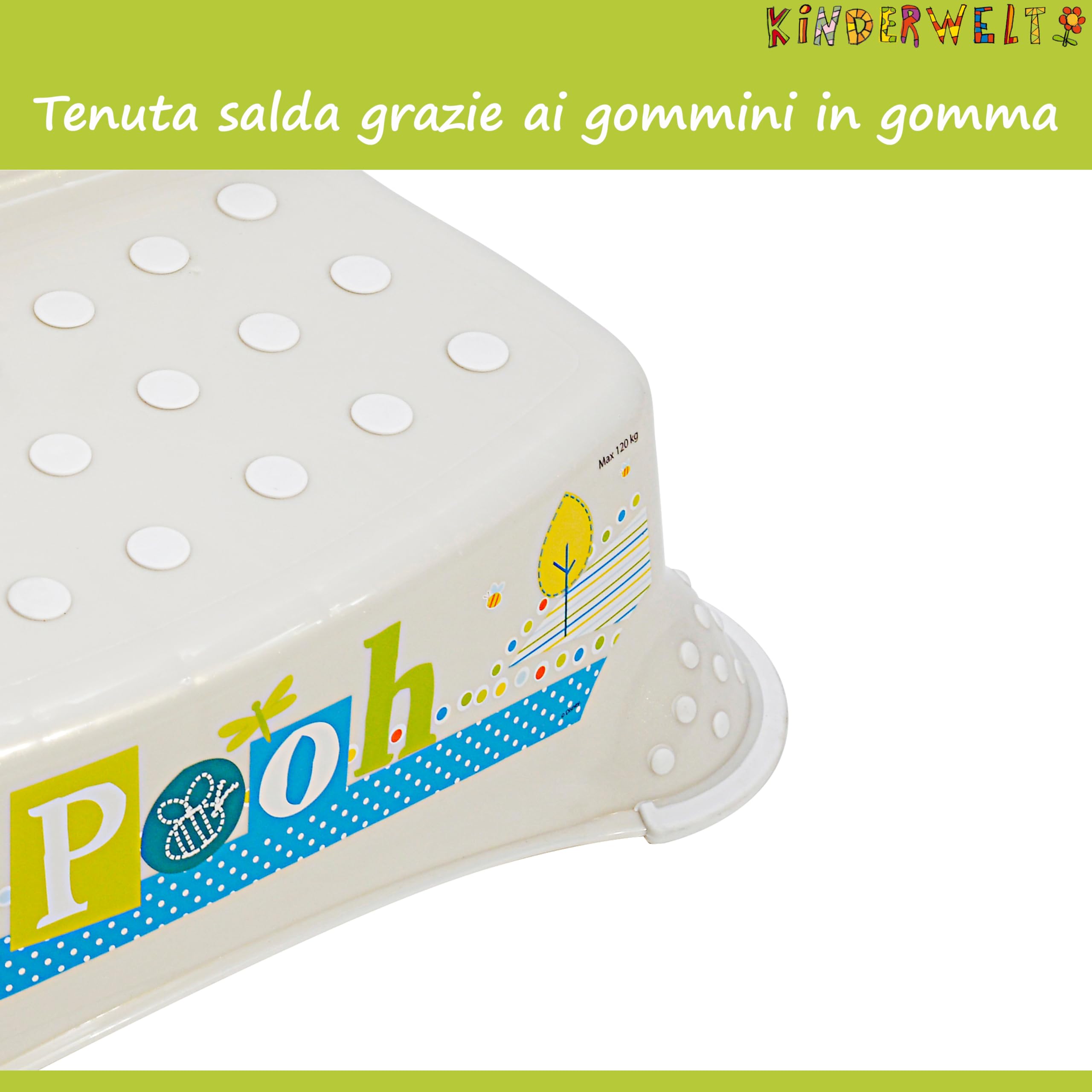 KINDERWELT bianco perla Premium sgabello a due gradini Disney Winnie the Pooh sgabello stabile per bambini con funzione antiscivolo bianco perla con grana unica piacevole effetto glitter individuale