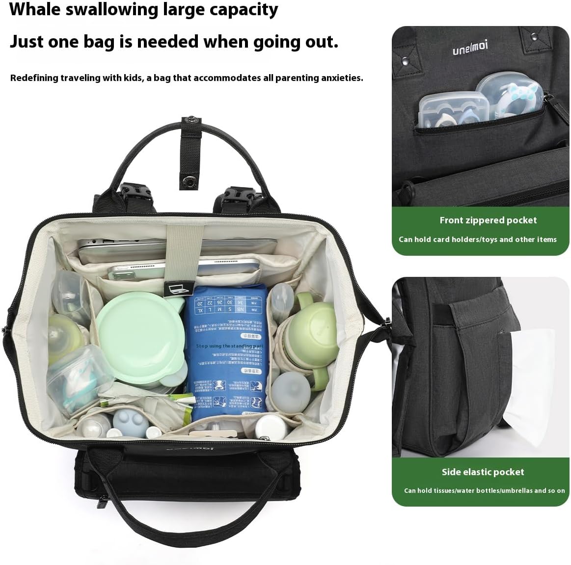 Diaper Bag Backpack for Extended Trips, Detachable Changing Pad, Large Opening Multifunctional (Black) - Image 5