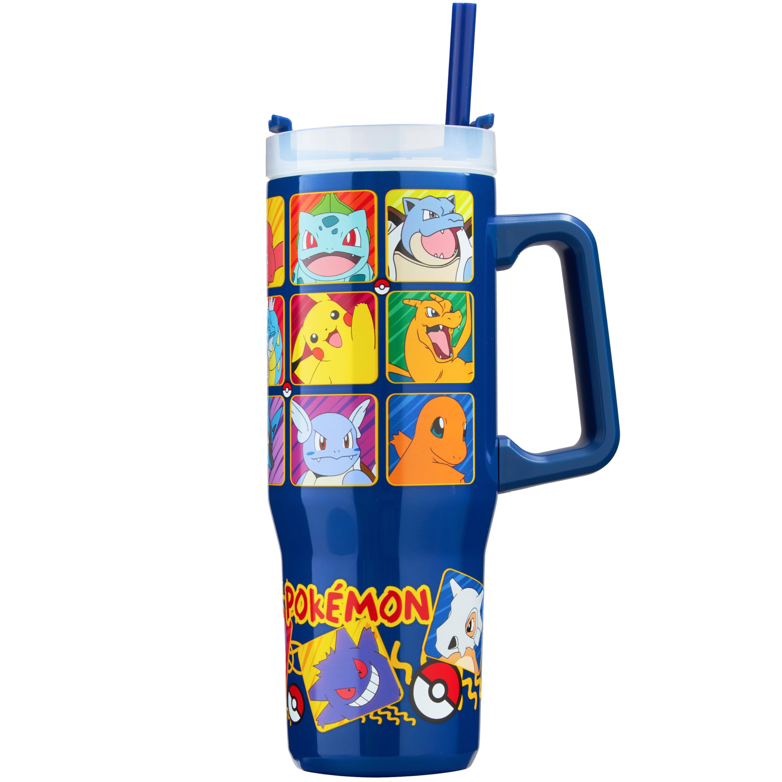 Get Trend Pokemon kubek termiczny 920 ml, butelka ze stali nierdzewnej, kubek ze słomką i uchwytem, utrzymuje lód 42H zimno 12H ciepło 8H, kubek podróżny bez kapania BPA za darmo, oryginalny prezent