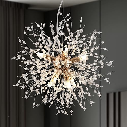 Isamacc Candelabros de cristal de fuegos artificiales, 8 luces doradas de diente de león, 15.7 pulgadas de acero inoxidable, pequeñas luces Sputnik