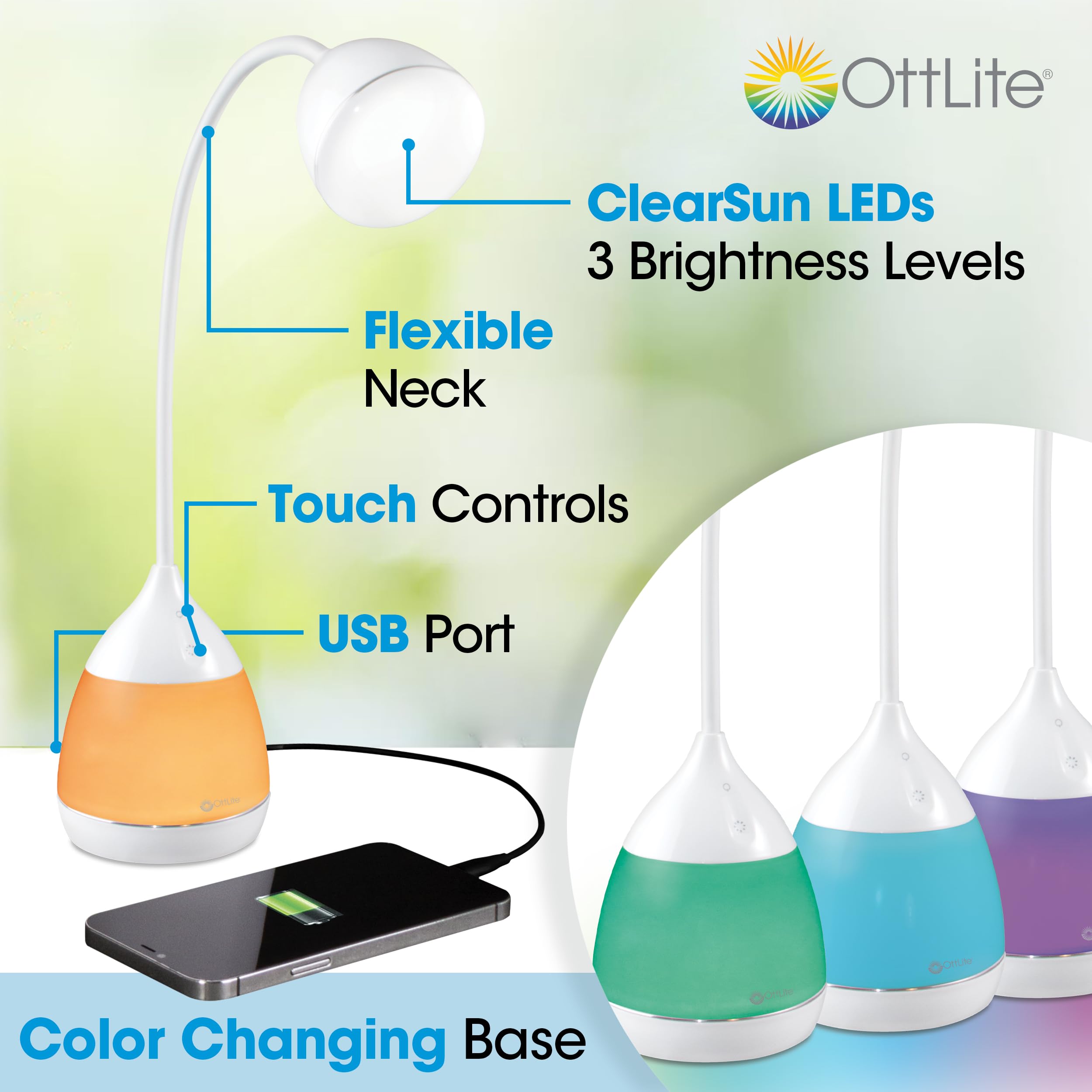 OttLite Revive LED Desk Lamp - ClearSun Technology With 3 Brightness Settings & USB Port