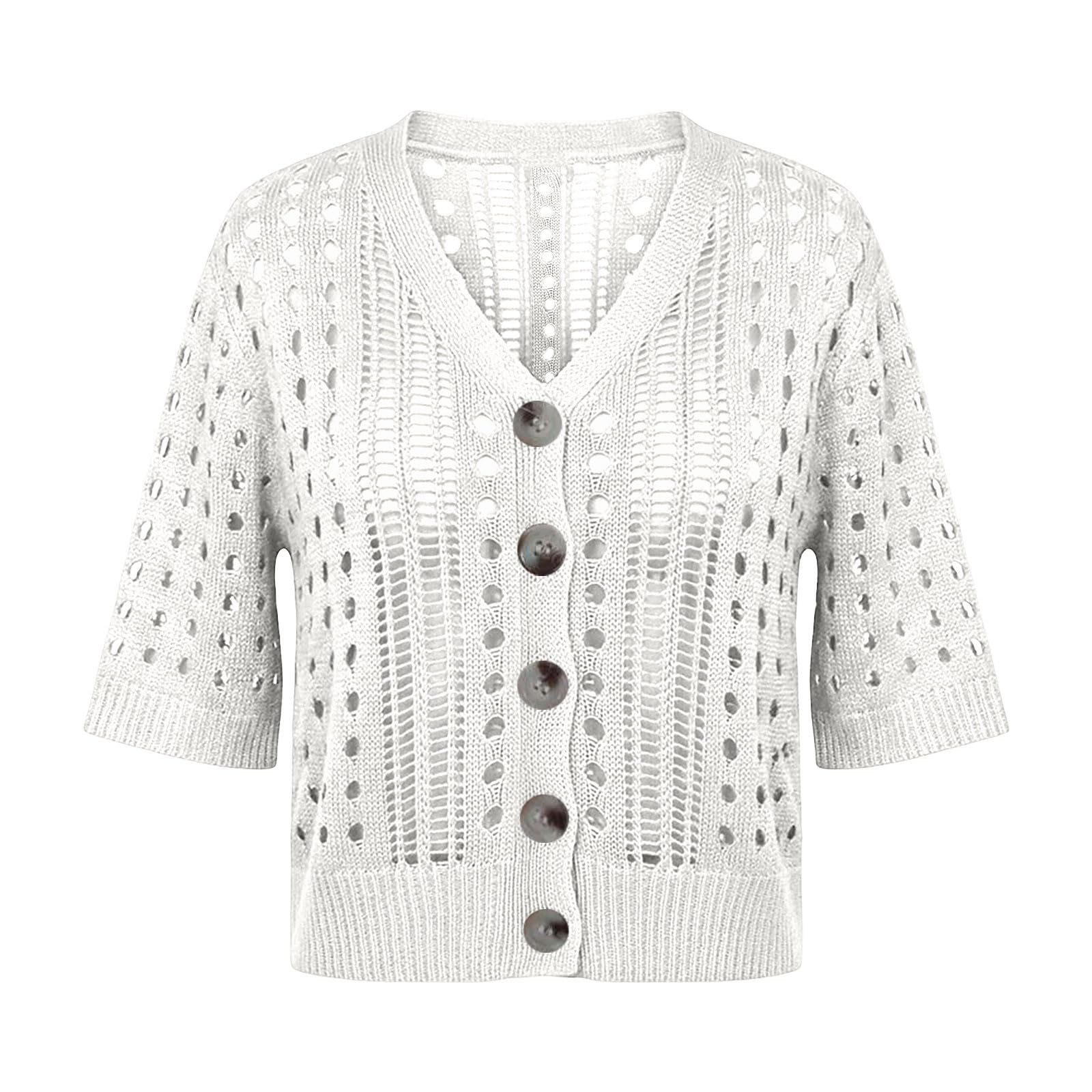 Cardigan Court Femme Manches Courtes en Tricot Ajouré, Col V Boutonné Léger Respirant Cropped Gilet, Veste d'été pour Plage Vacances Sorties Quotidiennes
