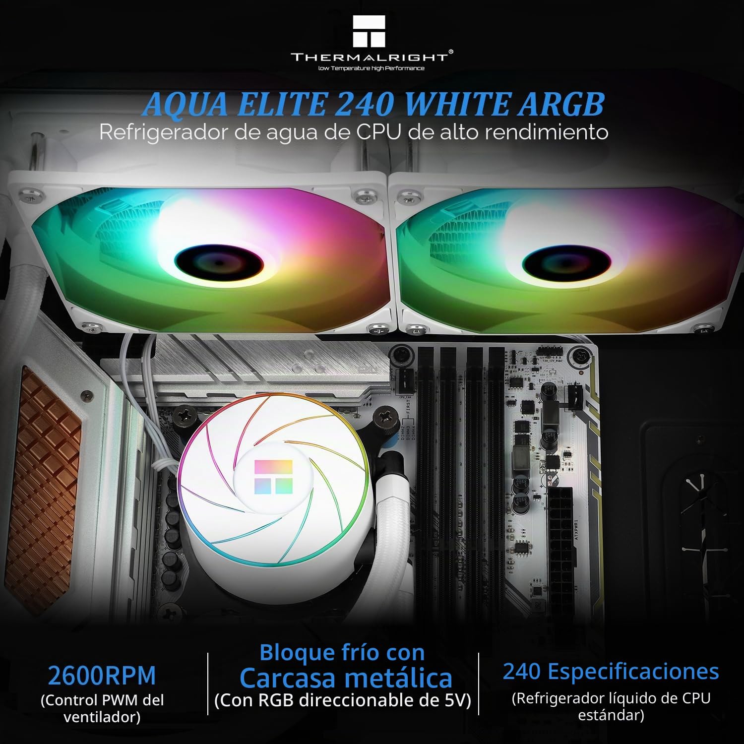 THERMALRIGHT Aqua Elite 240 Blanco ARGB CPU refrigeración por agua, enfriador de CPU Aio blanco, tamaño de 240 filas de refrigeración, ventilador PWM de 2 x 120 mm, para AM5/lga1851/1700