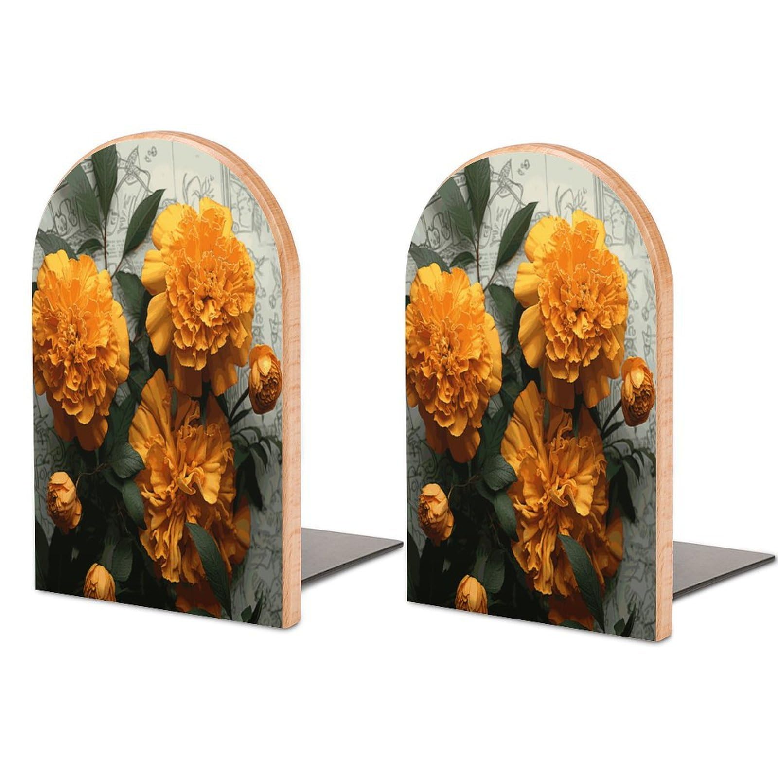 Marigold Bookend for Shelves Non-Skid Book Holder Modern Heavy Duty Bookend Stopper Metal Base Wood Book End Books Shelf Holder Home Decorative 1pair 5x3.9x3.1