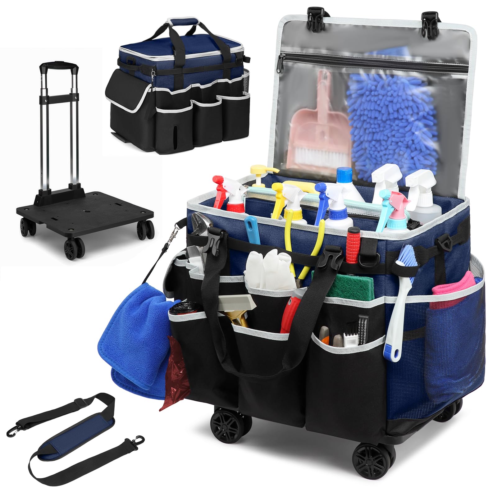 Grande borsa per la pulizia con carrello staccabile, piastre di supporto complete per la pulizia professionale, borsa organizer con 4 ruote universali per governanti, lavaggio auto (blu)