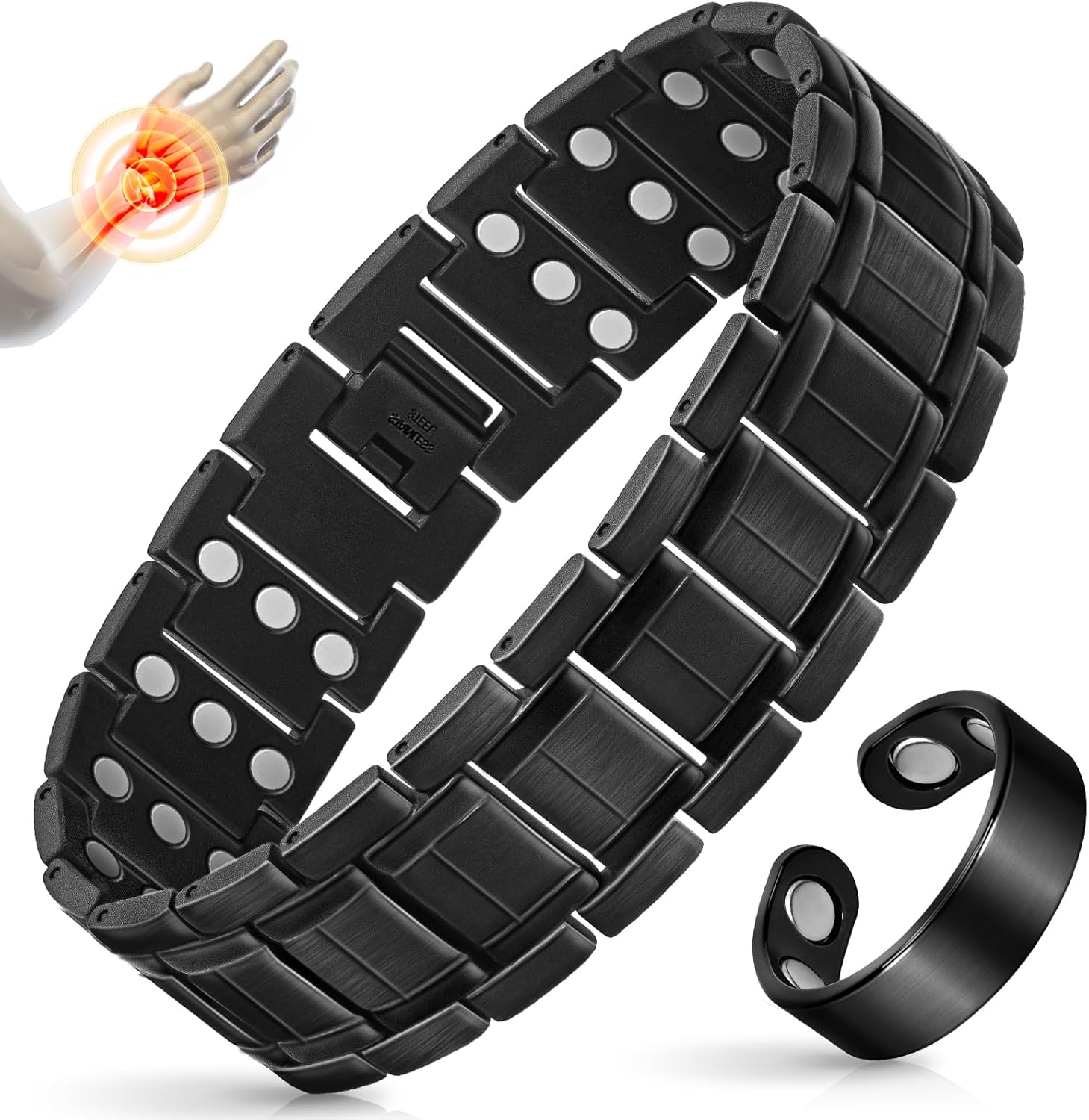 Mahnco Copper Bracelet for Men with Triple-Row Strong Magnets Magnetic Bracelets & Lymphatic Drainage Ring Set with Adjustable Sizing Tool, Magnetic Jewelry Gift (Black)