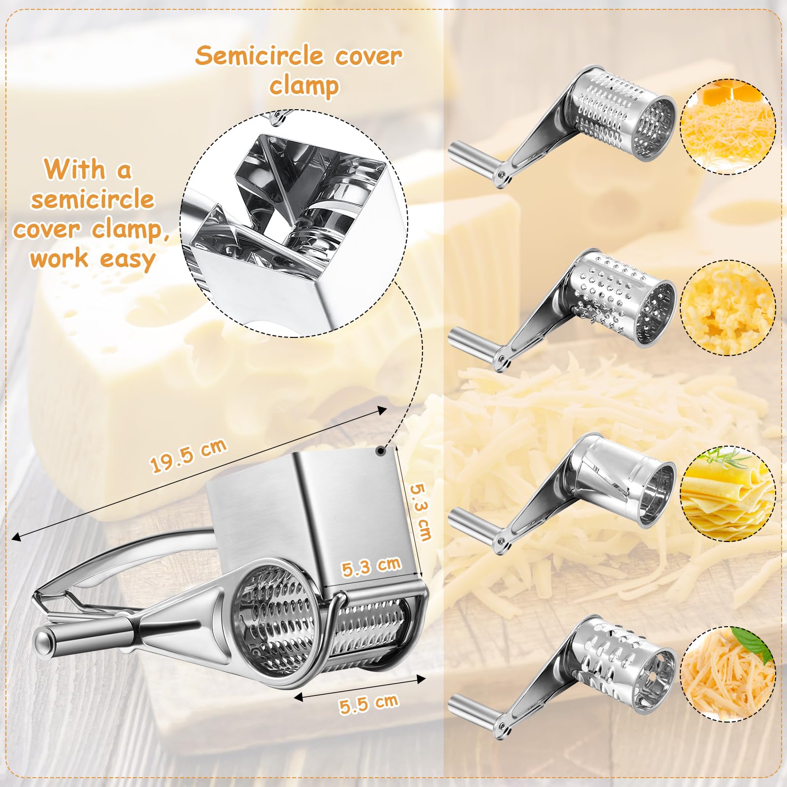Râpe rotative en acier inoxydable avec 4 tambours en acier inoxydable pour râper le fromage dur, le chocolat, les noix, ustensile de cuisine