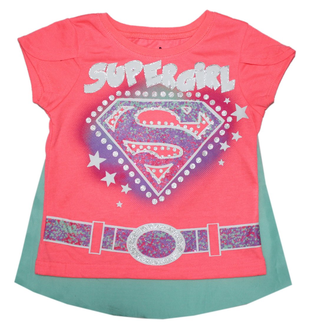 2 PCS SET Toddler Girls SUPERGIRL Glitter T-Shirt with Removable Cape