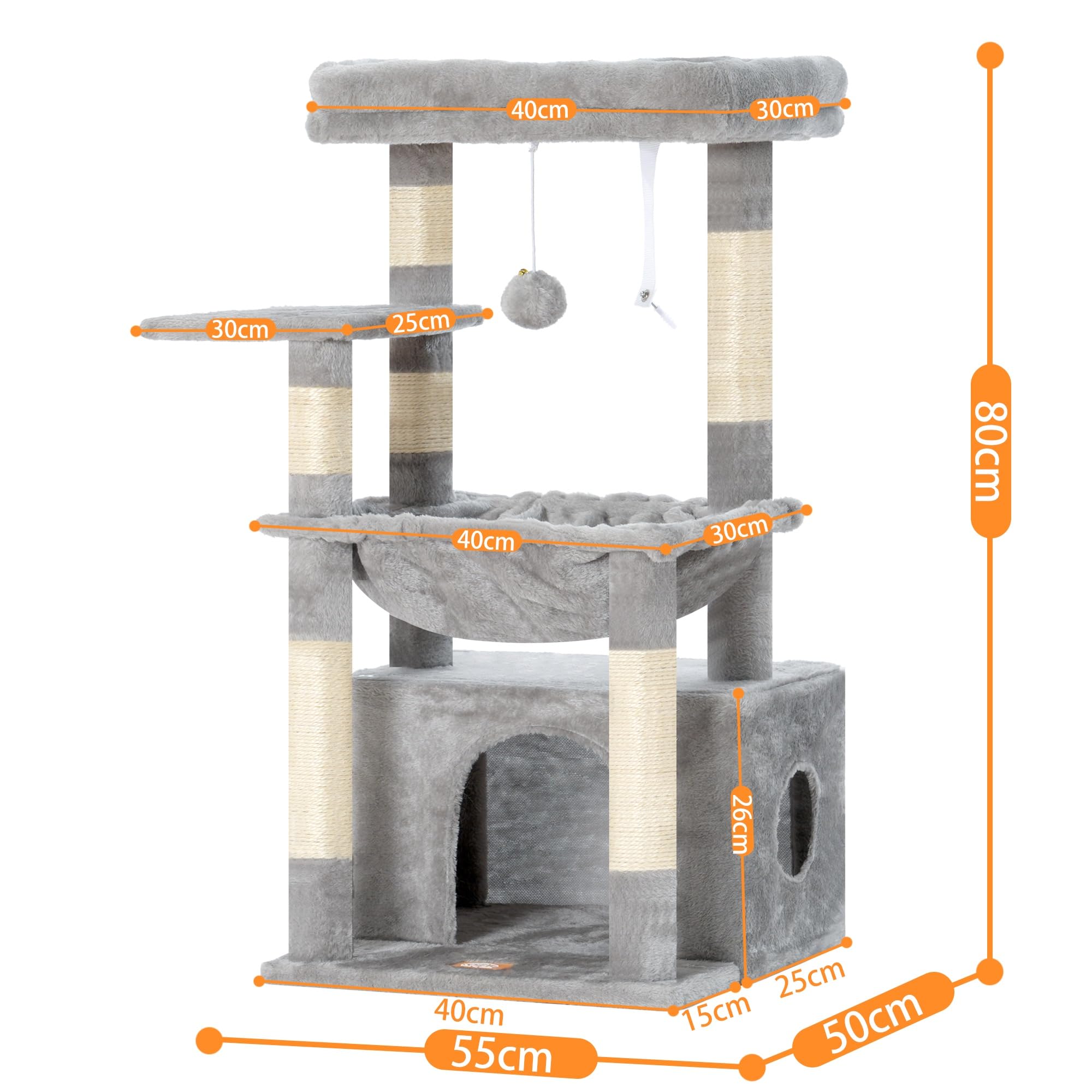 Heybly Arbre À Chat, Arbre À Chat avec Très Grand Panier pour Matou, Bois À Matou avec Lit Spacieux pour Matou Et Couchette Cachée, et Balle en Peluche, Gris Clair HCT008SW
