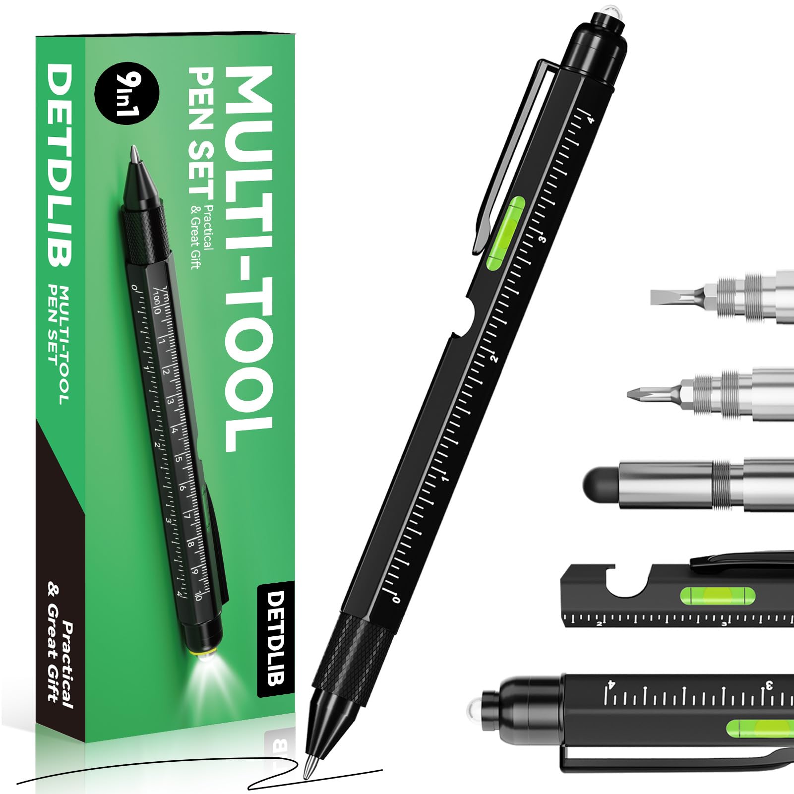 Fathers Day Dad Gifts for Dad, 9 in 1 Multitool Pen with LED Light, Birthday Gifts for Men, Cool Gadget Gifts for Women, Gifts for Him, Women, Husband, Black