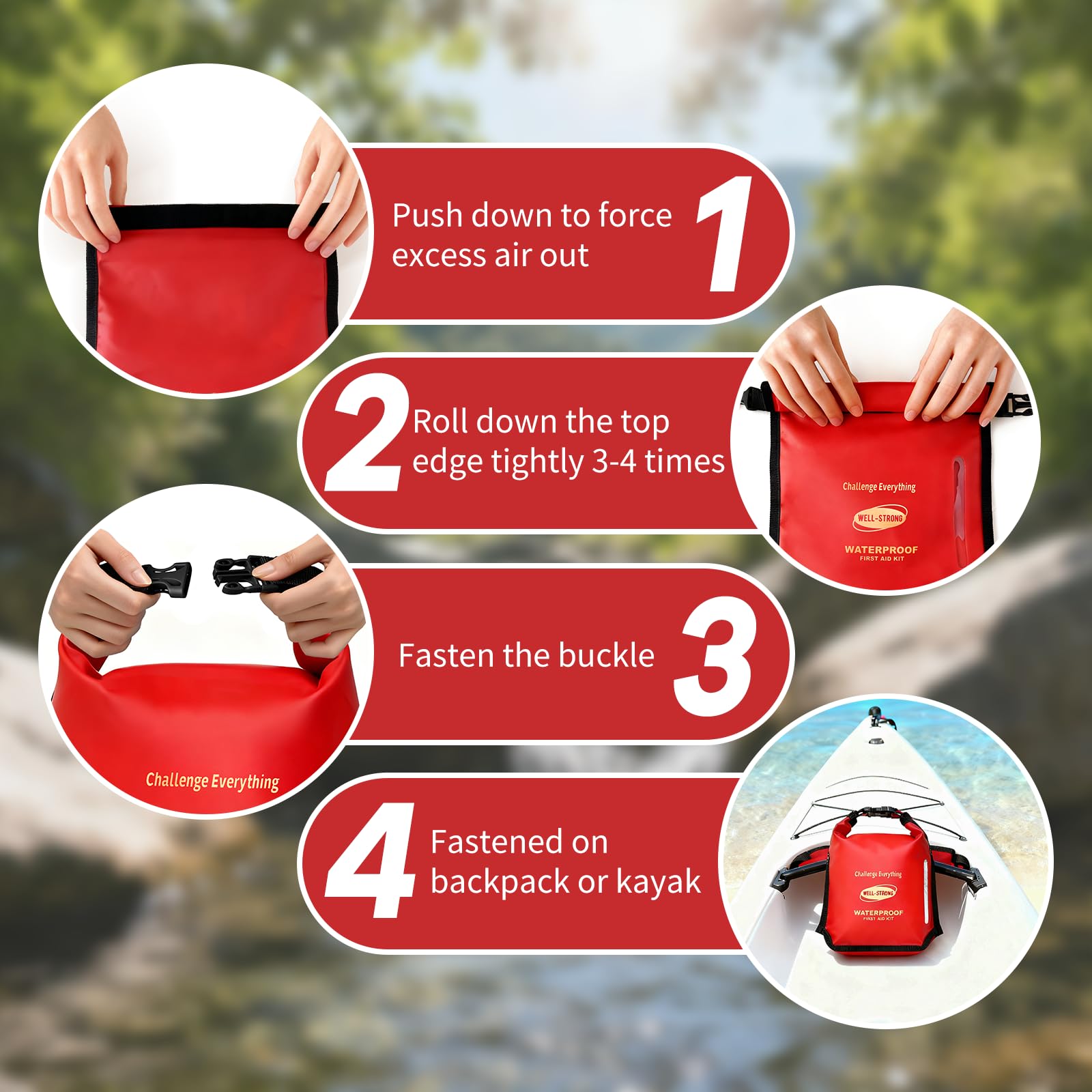 Kit de primeros auxilios impermeable con diseño Ziploc, kit de seguridad de barco marino de 226 piezas, kit de emergencia médica con cierre superior enrollable y hebilla para kayak, pesca