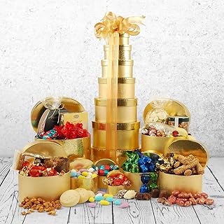 Golden Gift Tower - 7-Tier Chocolate Gift Hamper - Induldent Chocolates, Caramels, Cookies, Fruit Cake - Hamper for a Birthday, Christmas, Women or Men