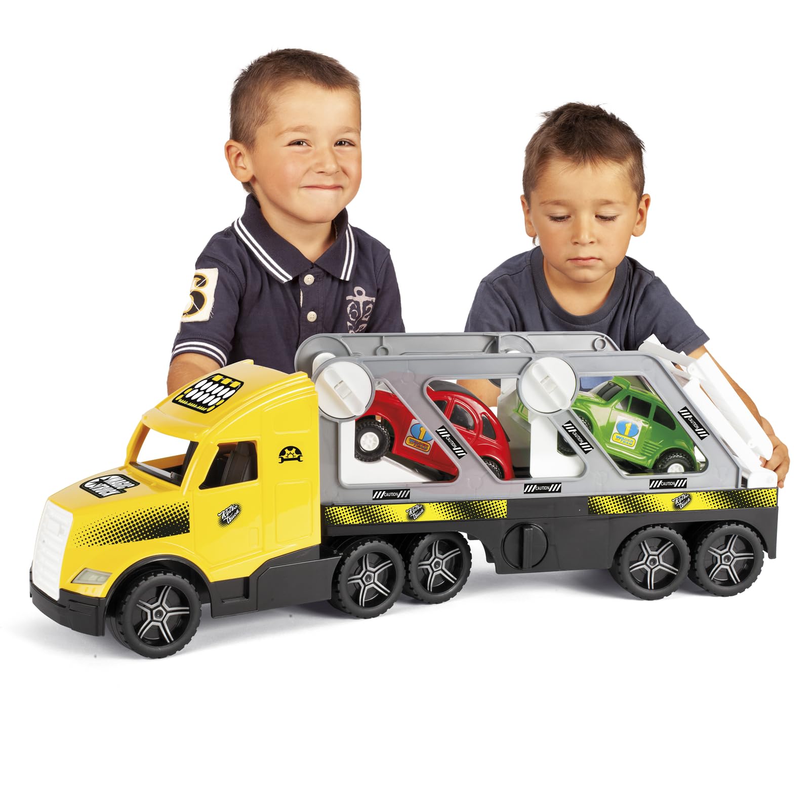 Wader 36231 - Magic Truck Autotransporter mit 2 hochwertigen Fahrzeugen und Abfahrrampen, Größe ca. 79 cm, für Kinder ab 3 Jahren, geeignet als Geschenk für kreatives Spielen