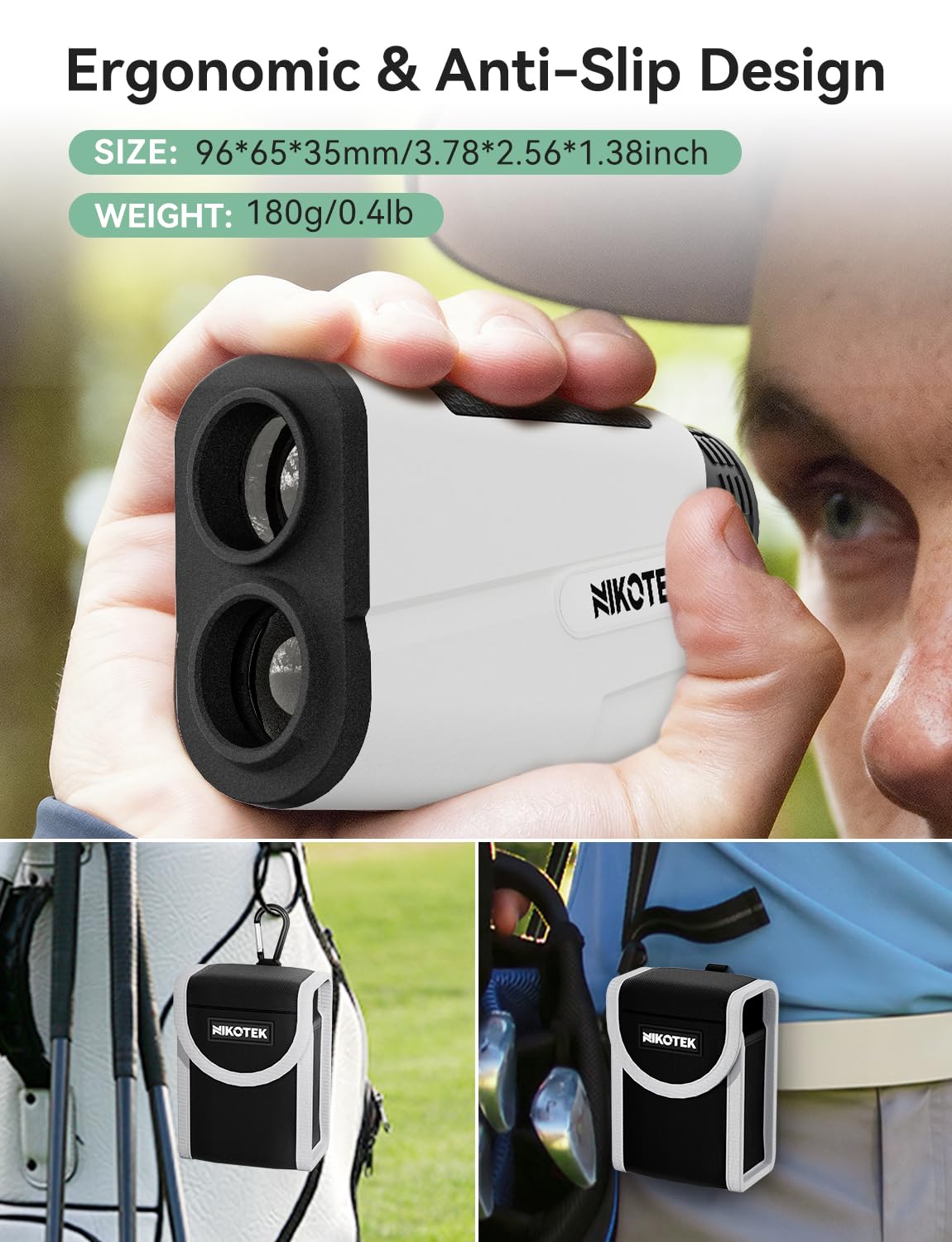 NIKOTEK Télémètre de golf avec inclinaison, 1000 m/1093 yards, télémètre rechargeable, verrouillage de drapeau, mesure de scan pour golfeur, sac de transport