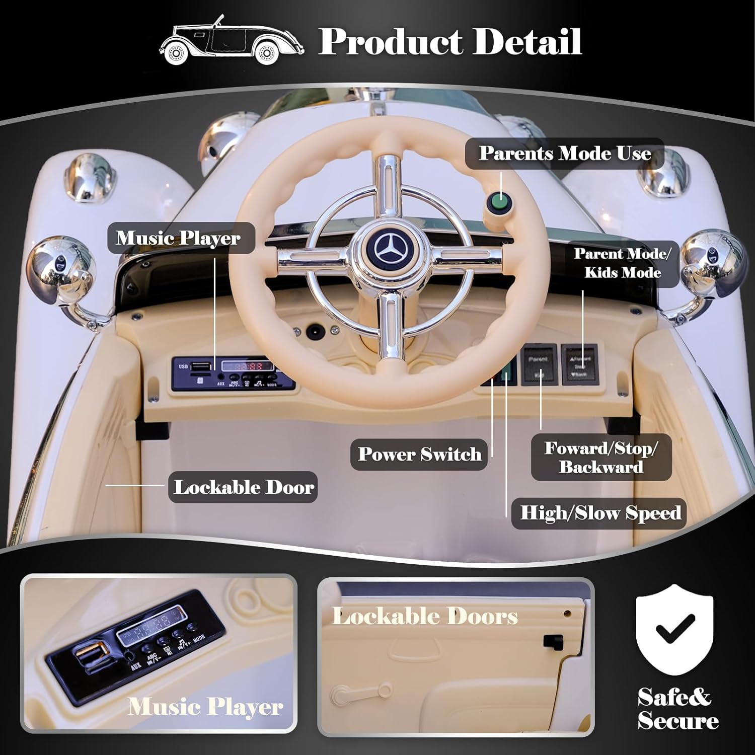 Large Ride On Car Compatible with Benz 12V Battery Powered Electric Vehicles with Remote Control for Kids 4WD Classic Ride on Toys with 2 Seater Parents-Child Ride on Car, White