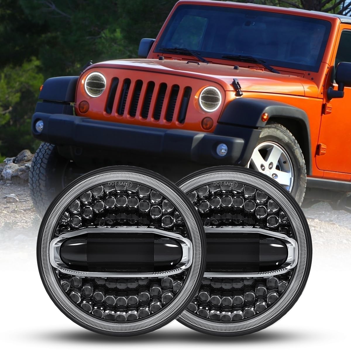 BICYACO 7 Inch LED Halo Headlights with Turn Signal Amber White DRL Compatible with Jeep Wrangler JK JKU 2007-2017 DOT Headlamp