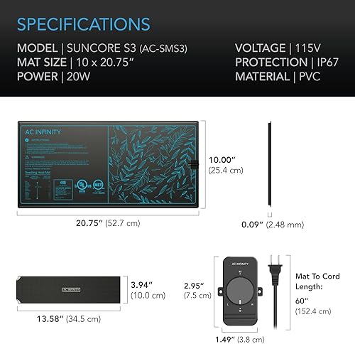 Miniatura 6 de AC Infinity SUNCORE S3 - Alfombrilla impermeable para plántulas con controlador de calor de 10 x 20.75 pulgadas, almohadilla térmica con