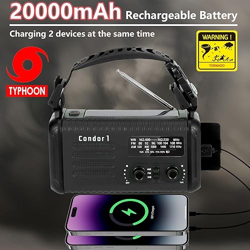 Miniatura 2 de Radio meteorológica de emergencia (Condor 1) NOAAAMFM con radio portátil de 74000 mWh, carga USB-Csolarmanivela, alarma SOS, linterna, lámpara de