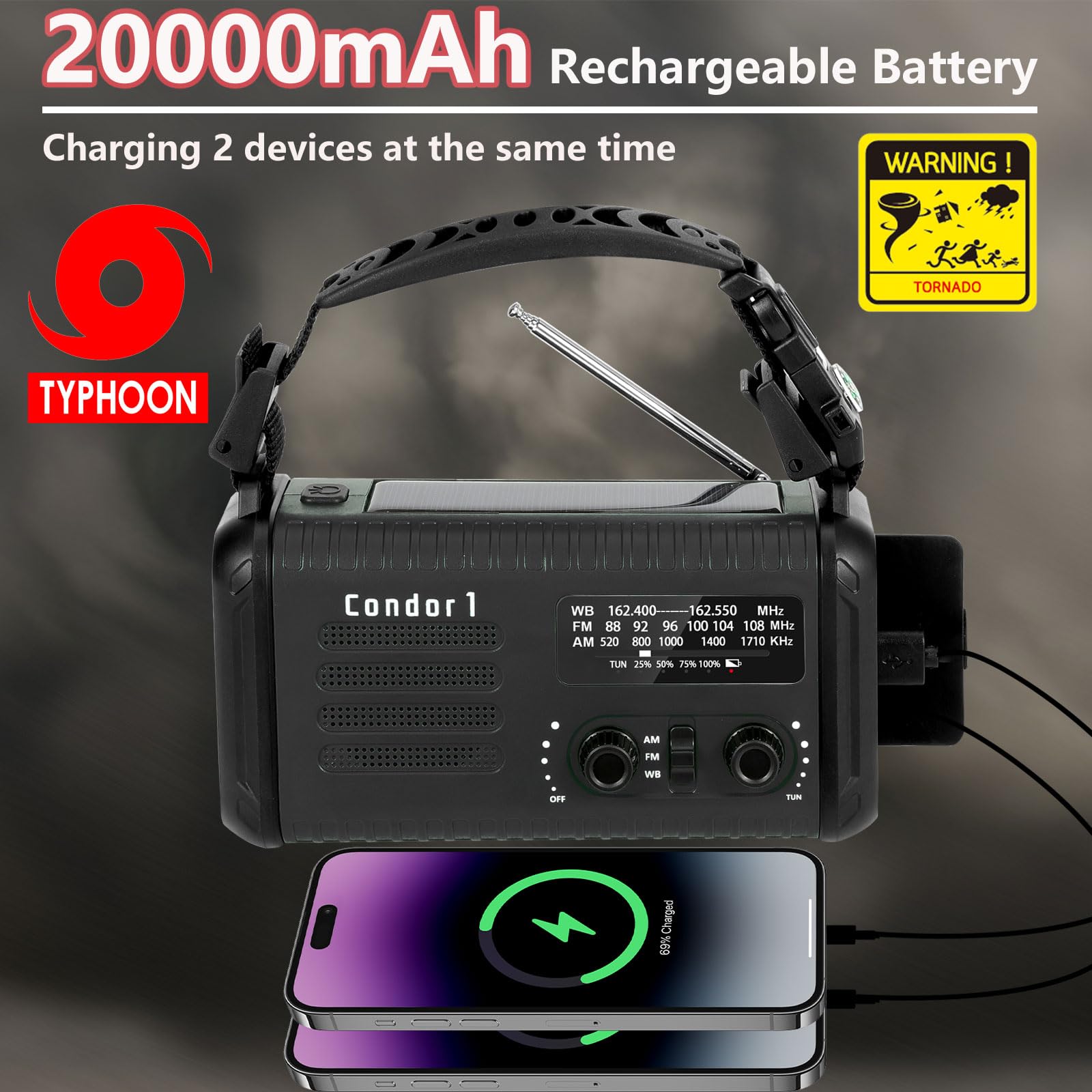 Radio meteorologica di emergenza (Condor 1) NOAA/AM/FM con radio portatile da 74000 mWh, USB-C/solare/ricarica a manovella, allarme SOS, torcia elettrica, lampada da lettura e kit di sopravvivenza per