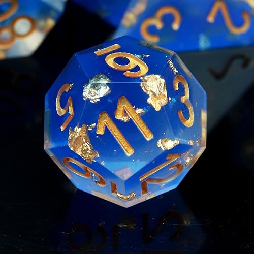 Miniatura 7 de Haxtec Juego de dados DND azules, dados de resina de borde afilado, copos dorados con estuche de dados D&D, dados para juegos de rol RPG,