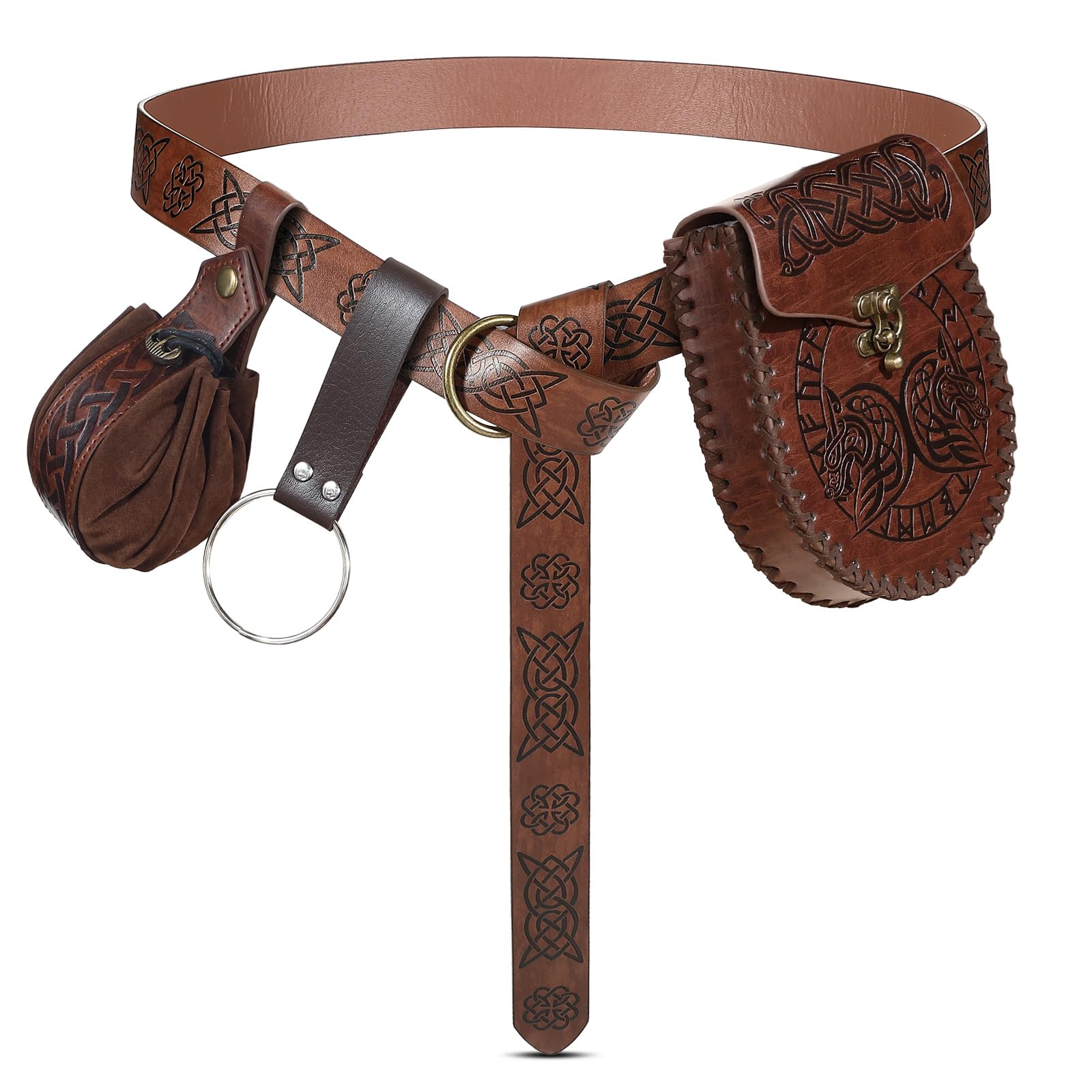 Panitay 4 Pcs Renaissance Accessories Set Halloween Includes Medieval Viking Belt PU Leather Belt Pouch Waist Bag Skirt Hikes(Brown,Chic)