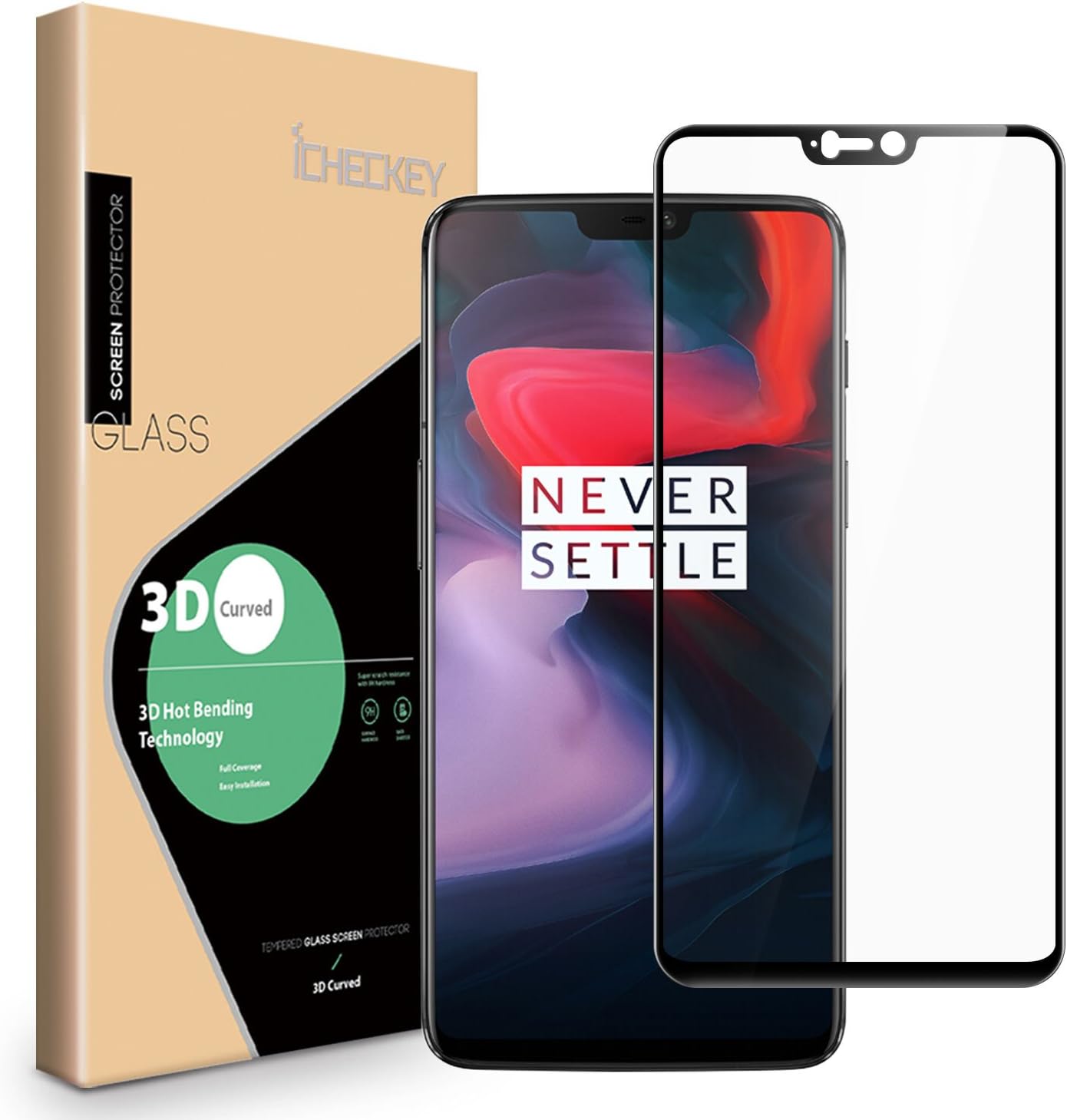 OnePlus 6 Screen Protector - [2 Pack] ICHECKEY [Full Adhesive] [3D Curved Edge ] Full Coverage Tempered Glass Screen Cover Shield for OnePlus6 - Black