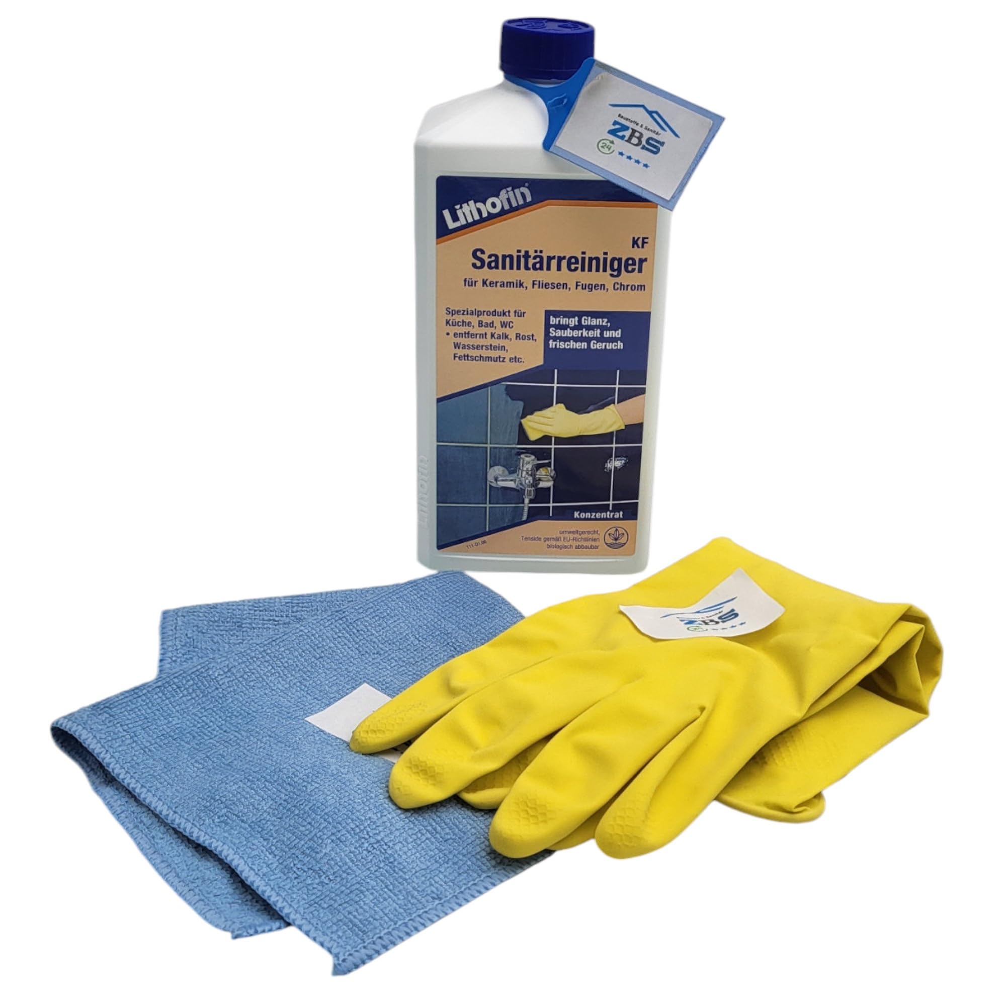 zbs24 Lithofin KF Sanitärreiniger, Konzentrat mit aktiven Säuren und hochwertigen Reinigungskomponenten, für Dusche und Bad, inkl. Latex Handschuhe und Mikrofasertuch 30x30cm (1 x 5 Liter)