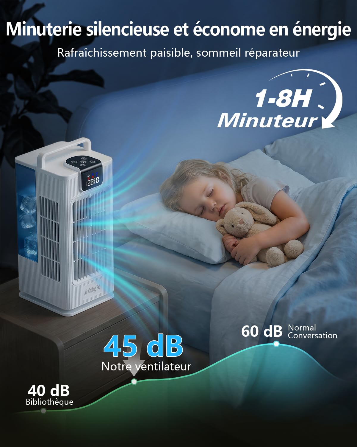 Rafraîchisseur d'Air Portable：Réservoir 2L, Oscillation 120°, 4 Vitesses, LED, Minuteur et Télécommande, Ventilateur Rafraîchissant pour Maison et Bureau