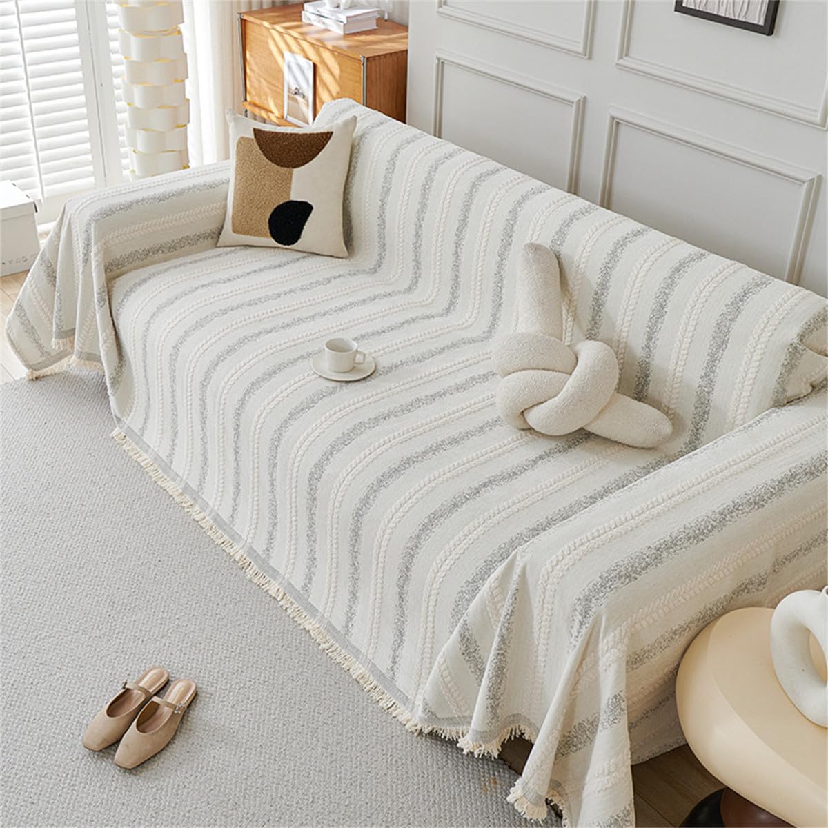 Highdi Throws for Sofa Large Soft Reversible 1 2 3 4 Seater Sofa Cover, Armchair Throw Blanket with Fringe, Travel Nap Blanket for Chair Couch Bed (White,180x380cm)