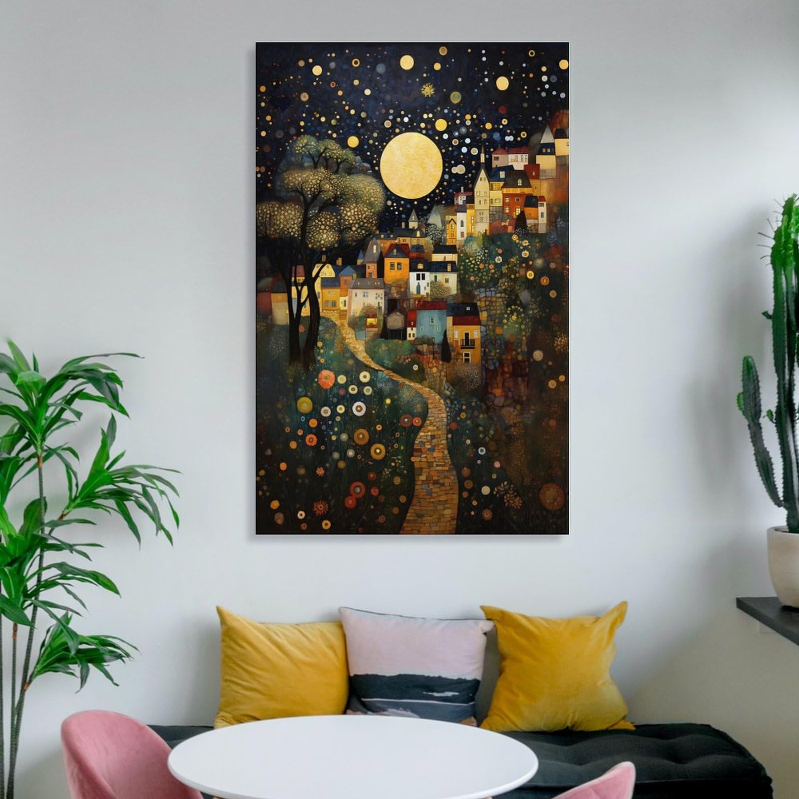 Gustav Klimt Mond Nacht Himmel Landschaft Florale Wandkunst Pflanzen Poster für Zimmer Ästhetik Leinwand Wandkunst Schlafzimmerdekor 40 x 60 cm (16x24 Zoll)