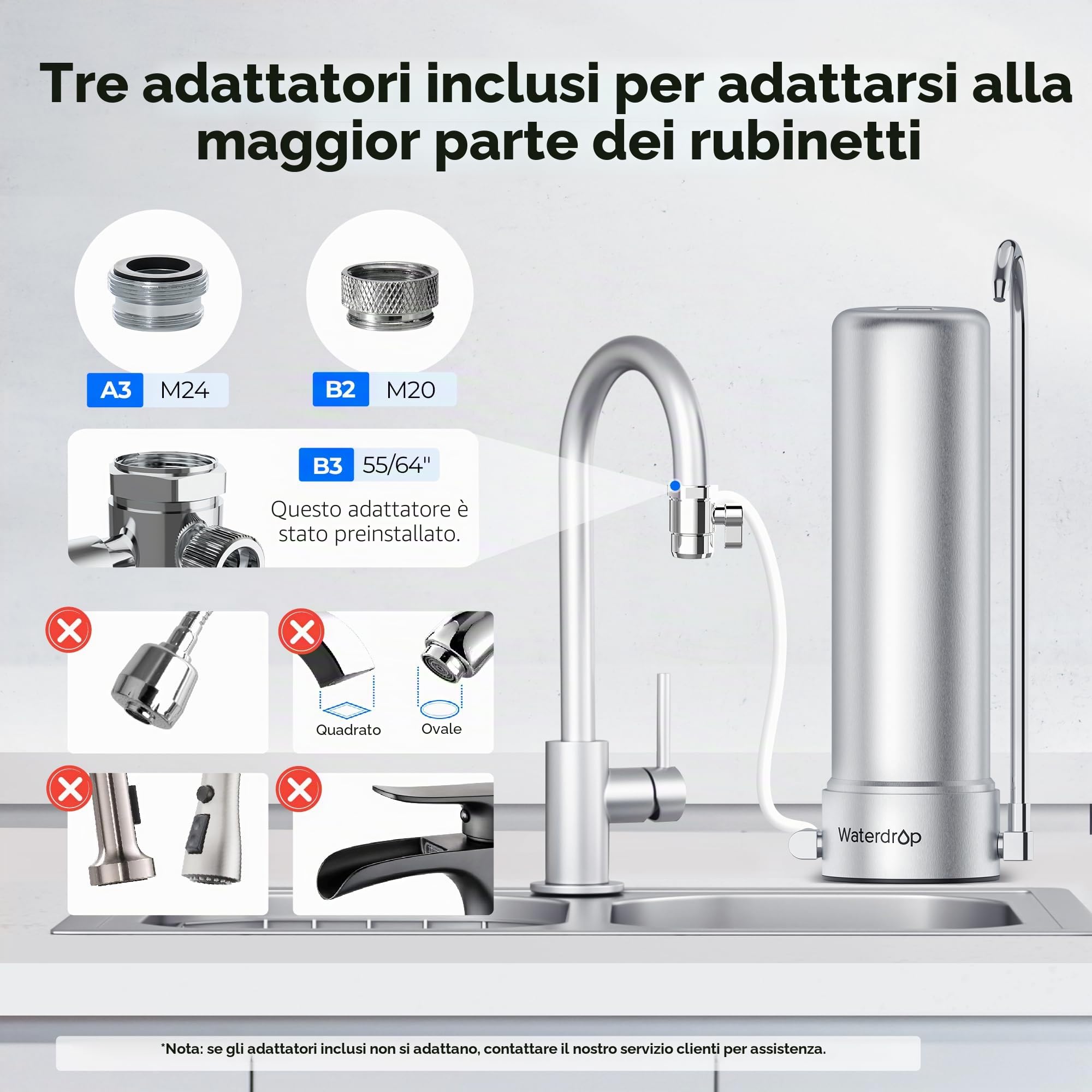 Waterdrop Sistema di filtrazione da banco WD-CTF-01, acciaio inossidabile 304 per uso alimentare, filtro dell'acqua del rubinetto a 6 stadi, lunga durata, riduce il 99% di cloro, metalli pesanti