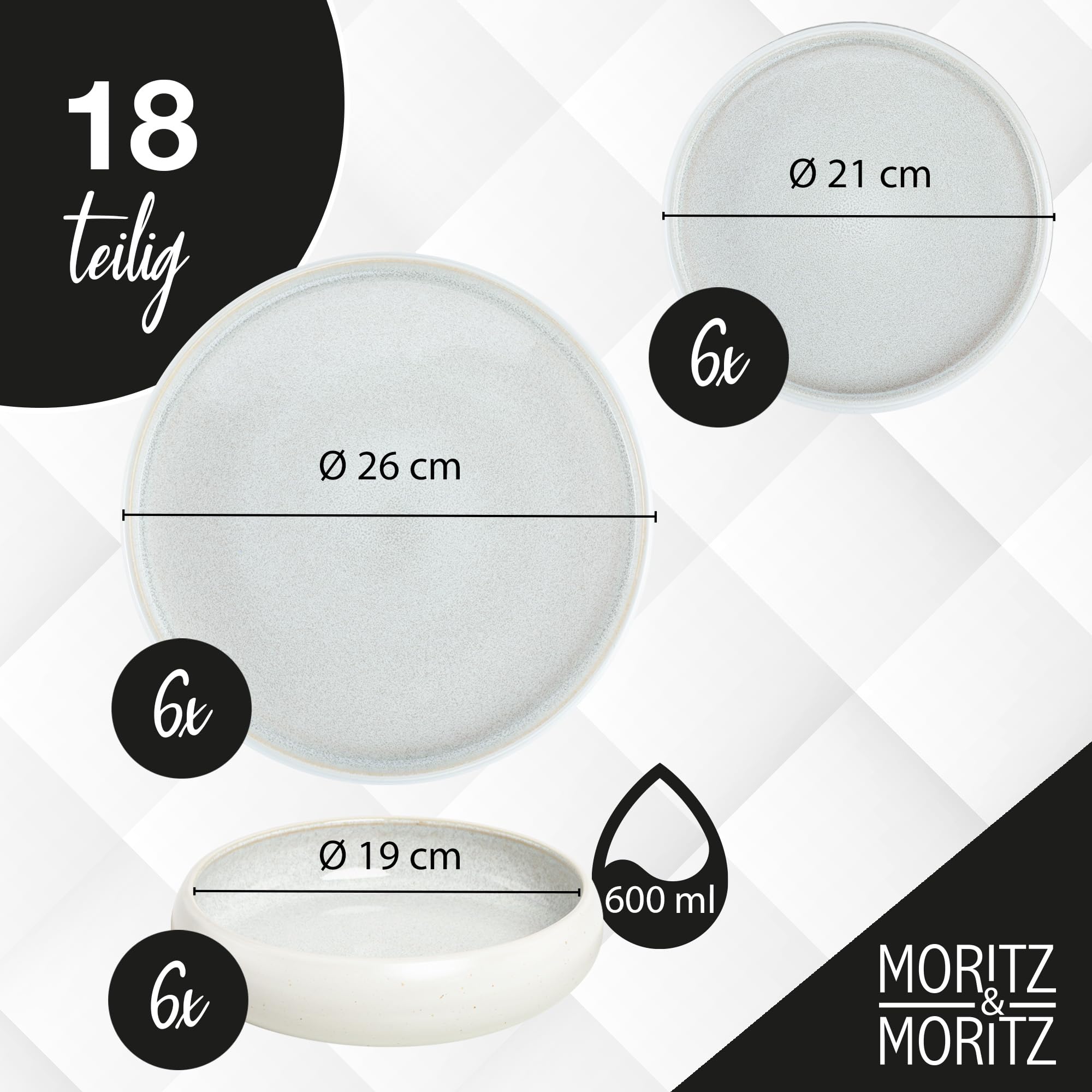 Moritz & Moritz SOLID UNI Geschirrset 6 Personen Creme 18-teilig - Modernes Steinzeug Geschirr Set - Mikrowellen- & Spülmaschinenfest, Essgeschirr, Tafelservice, Kombiservice 6 Personen