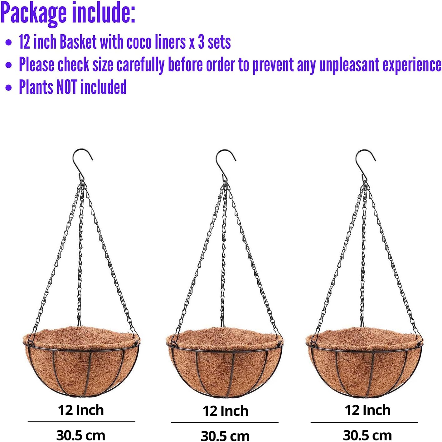 LaLaGreen Hanging Planters with Coco Liners - 3 Pack, 12 Inch Hanging Baskets for Plant Outdoor, Large Hanging Plant Pot Flower Metal Wire Round Holder Hanger Hook Chain Deck Porch Garden Balcony Boho