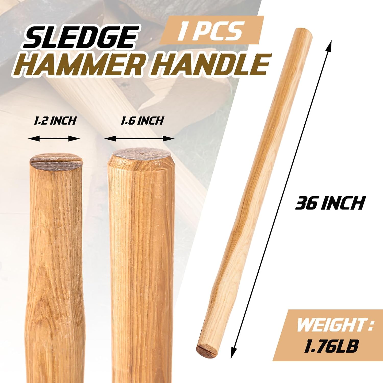 1 Sets 36" Replacement Hickory Sledge Hammer Handles Kit with 4 Wooden ＆ 4 Steel Wedges, Heavy Duty 1.2x1.6 Inch Oval Eyed for 20-24 lb Hammer for Carpentry Construction DIY Sledge Axe Tool