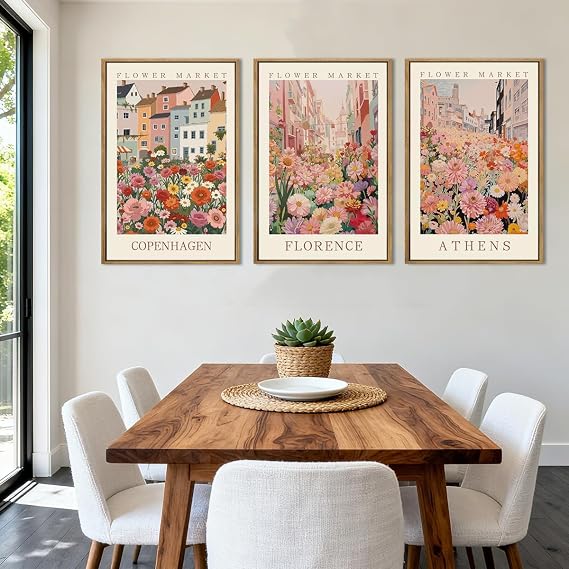 CHDITB 3pcs Large Pink Matisse Canvas Wall Art,Colorful Flower Market Wall Decor Boho Botanical Art Prints,Floral Morden City Street Poster,Framed Pictures for Living Room Bedroom Office(40x60cm)
