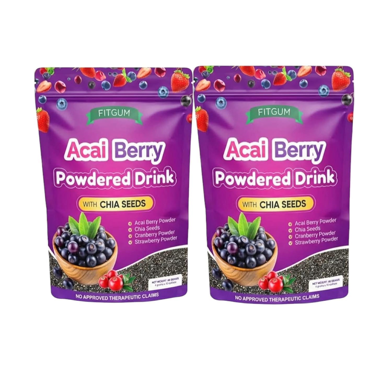 FITGUM Acai Berry Drink Powder with Chia Seeds - 2 Packs 10 Sachets Acai Strawberry Cranberry Blend Easy Mix