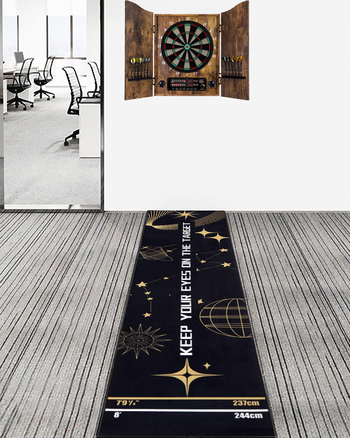 Professioneller Dartteppich mit Oche-System & Abwurflinien – Premium Dartmatte Dart Teppich für Steeldart & Softdarts | 260x60 cm| mit Abwurflinie [Gelb]