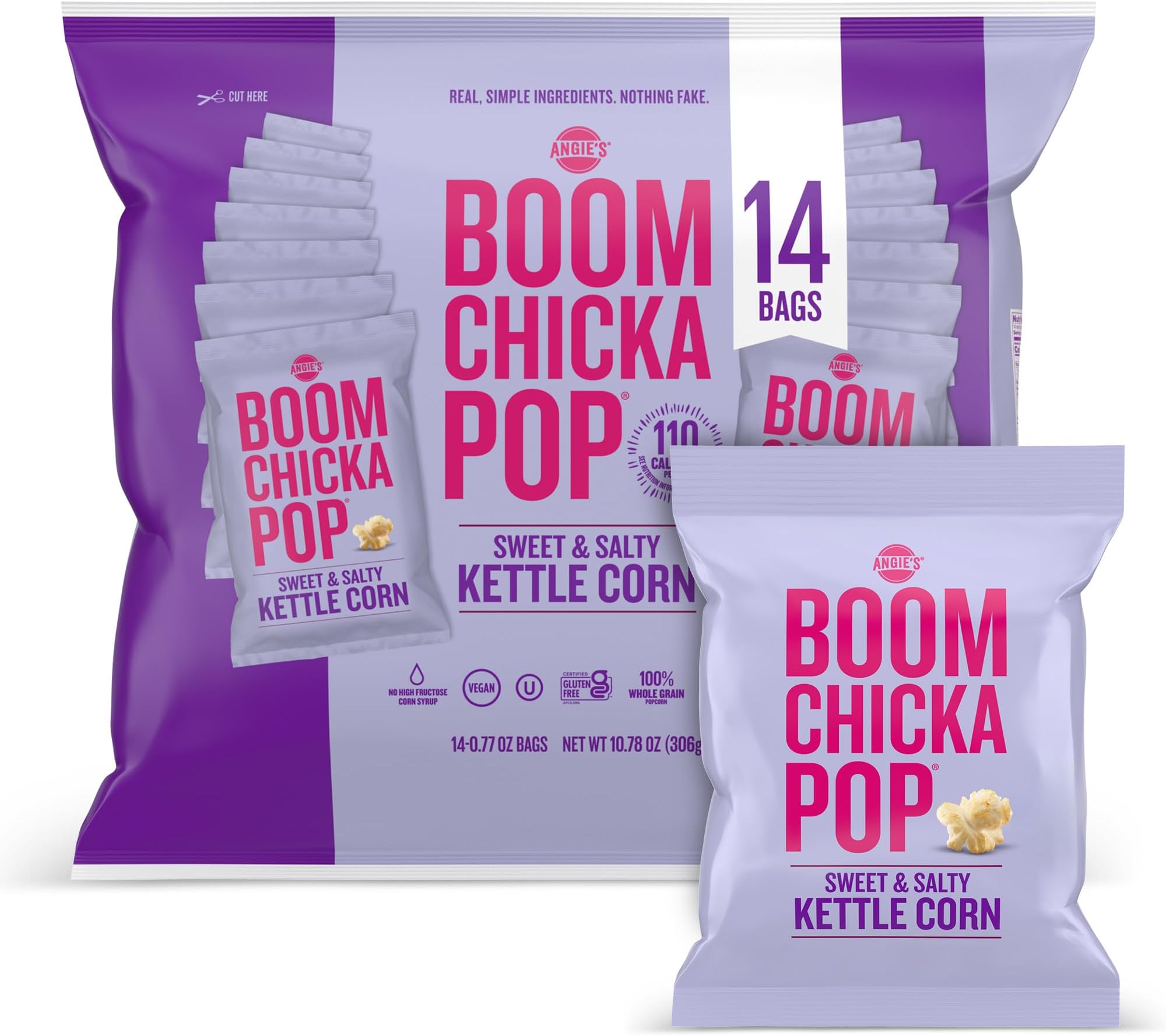 Angie's BOOMCHICKAPOP Sweet & Salty Kettle Corn Popcorn, 0.77 oz. Individual Bag, 14-Count