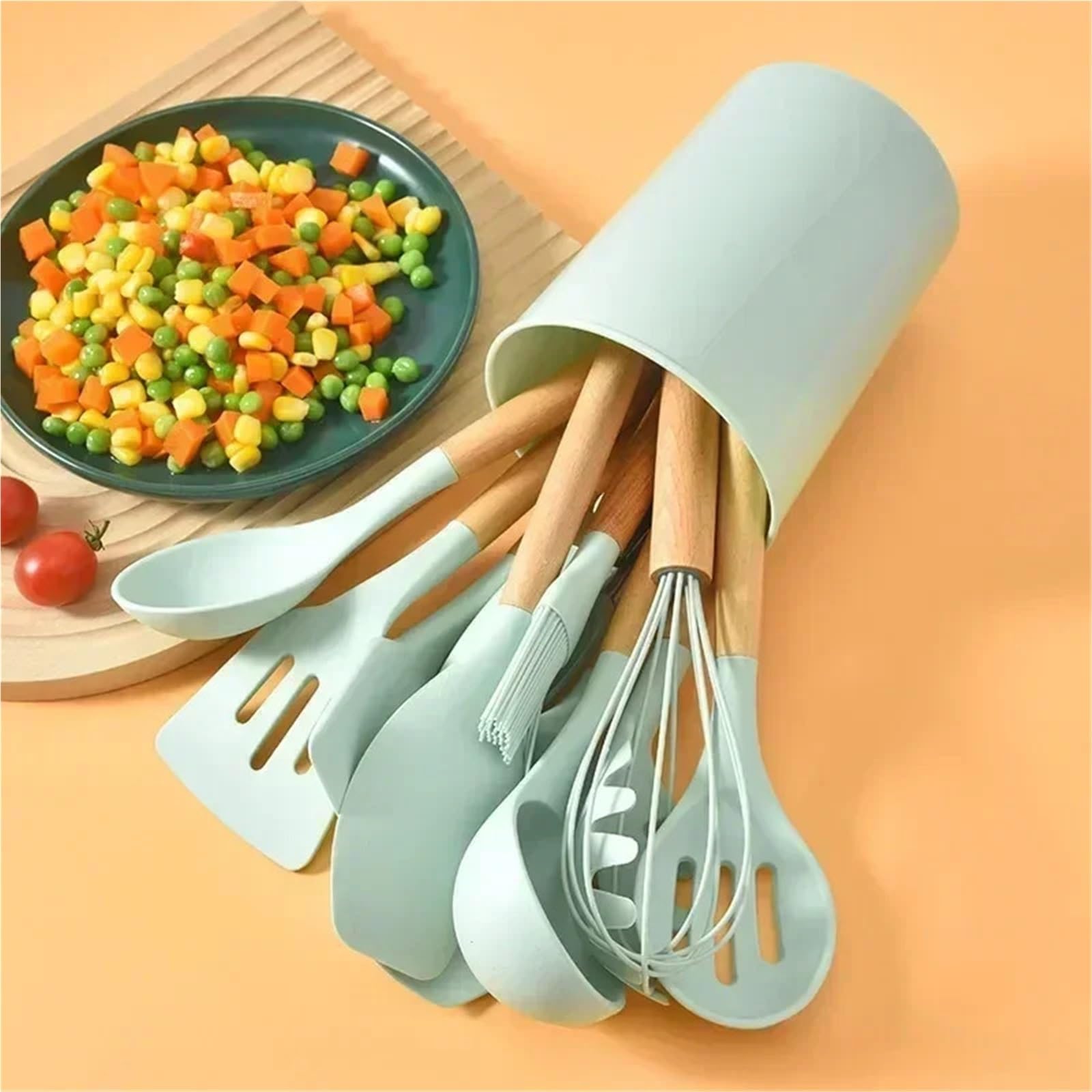 Ustensiles de Cuisine en Silicone, 12 pièces, Manche Bois, Pot antiadhésif, Ensemble d'ustensiles, Seau Rangement, ustensiles pour Cuisine(White)