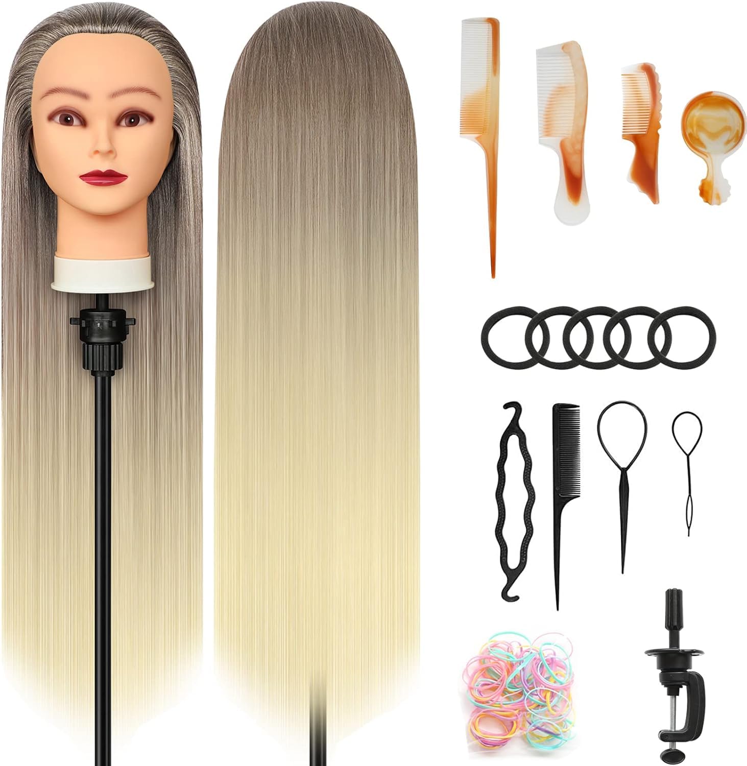 Cabeza Peluqueria, 28inch Cabeza maniquí Cabezal de peluquería de Fibra 100% sintética con Soporte + Accesorios de Peinado DIY (Dorado)