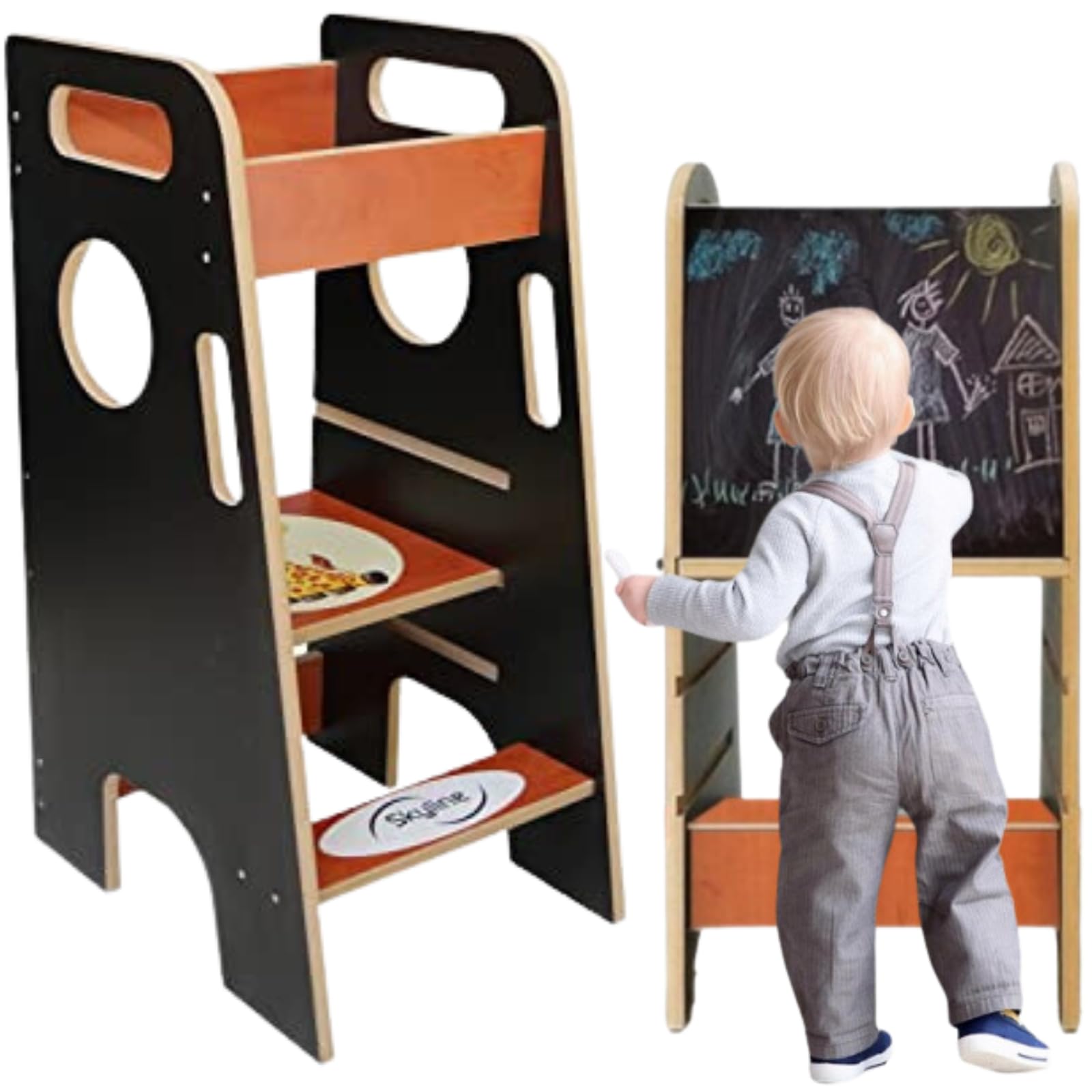 Skyline Torre di Apprendimento Libreria Montessoriana per Bambini Scaletta Pieghevole Tavolino Sedia Torretta Pieghevoli Scrivania Sgabello Tavolo Kitchen Helper Learning Tower nero/marrone