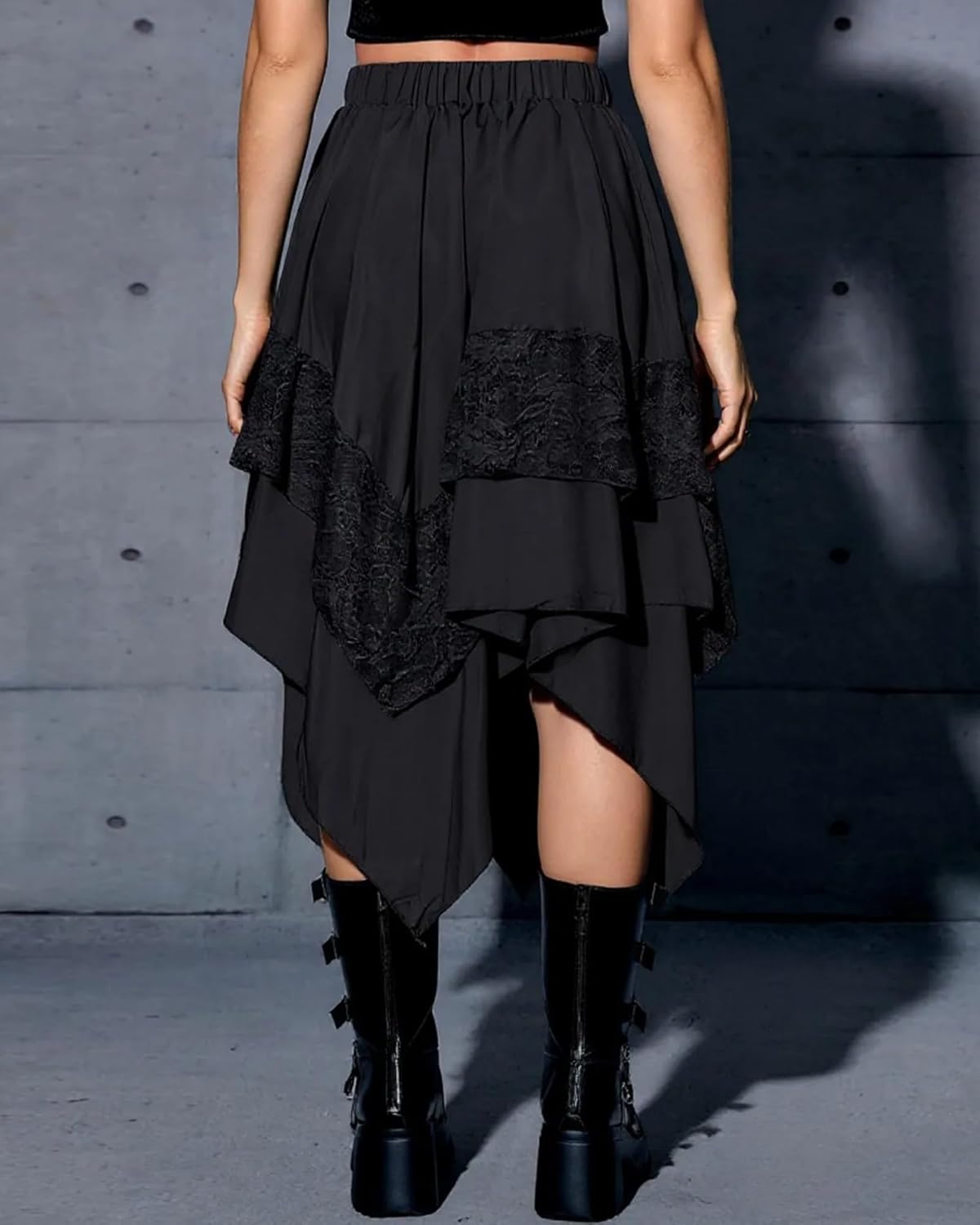 Flowy Gothic Punk Y2K Lace Midi Skirts for Women Medieval Steampunk Goth Layered Asymmetrical A-Line Skirt - Image 3