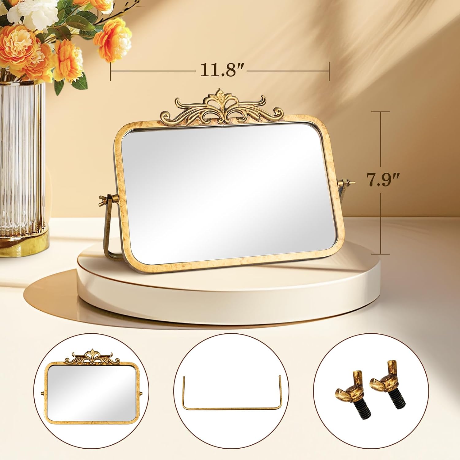 Vintage Makeup Desk Mirror, 7.9" L x 11.8" W Antique Gold Vanity Table Mirror, Metal Framed Rectangular Small Standing Mirrors, 360 Adjustable Rotation Mirrors for Tabletop, Bathroom