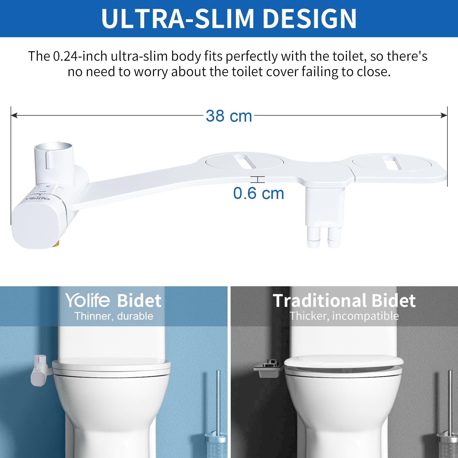 Yolife Bidet, Ultra-Slim Bidet-Aufsatz für Toilette mit Nicht Elektrischer Selbstreinigender Doppeldüse (Hintere/Weibliche Reinigung), Einstellbarer Wasserdruck(Mit 2m Schlauch)