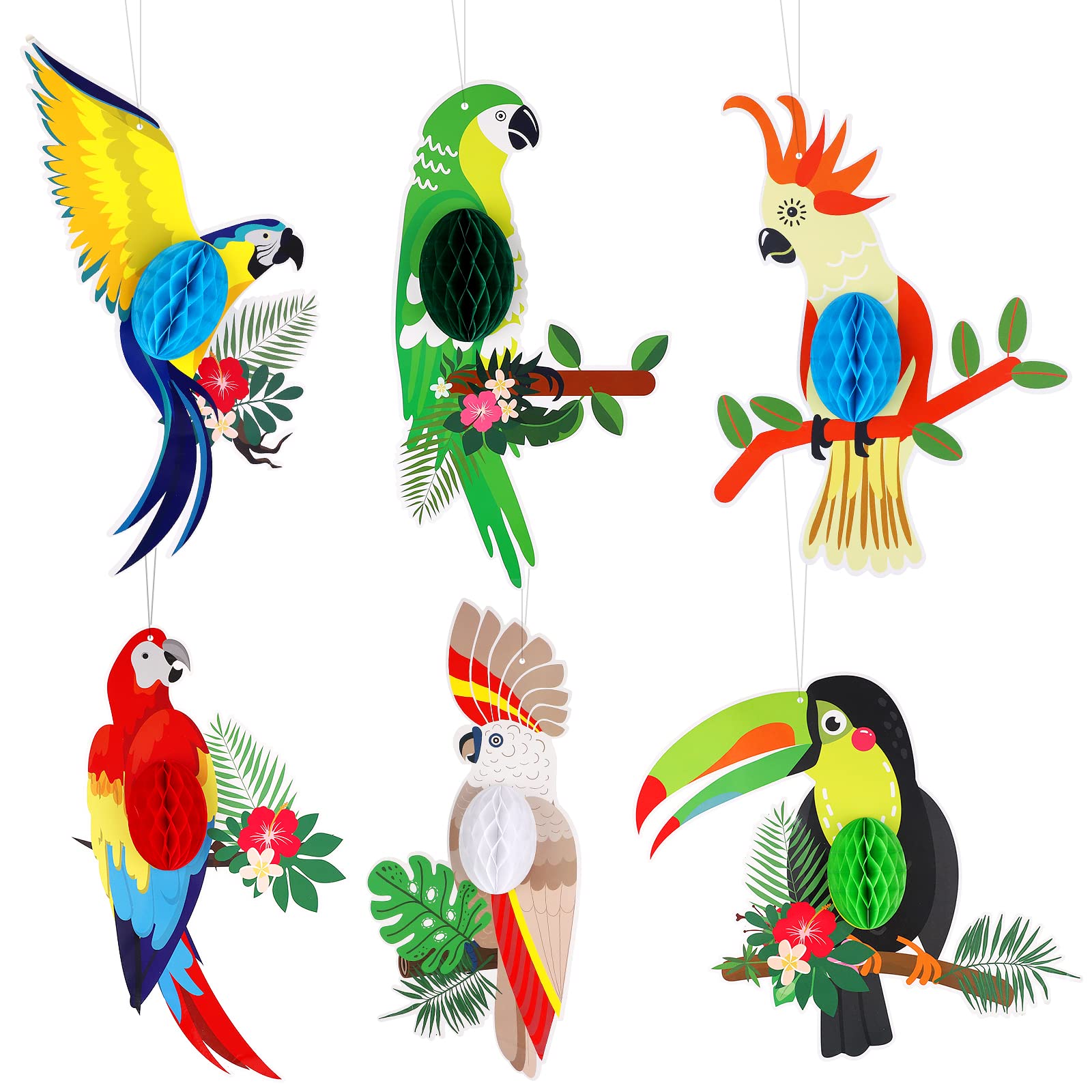 Tropical Bird Honeycomb Parrot,6 Piece Paper Cutouts Birds,Paper Honeycomb Parrot Ornaments for Hawaiian Summer Beach Luau Party Garden Rainforest Hanging Decoration Supplies
