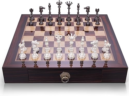 AMEROUS Juego de ajedrez de madera de 20 pulgadas con piezas de ajedrez de metal, tamaño King de 4.5 pulgadas, 2 cajones de almacenamiento